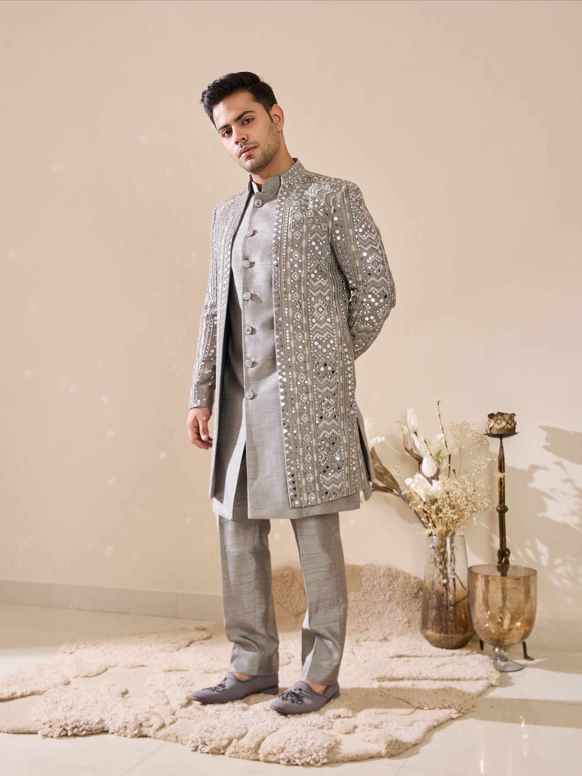 Grey Indo-Western in Beads and mirror Work