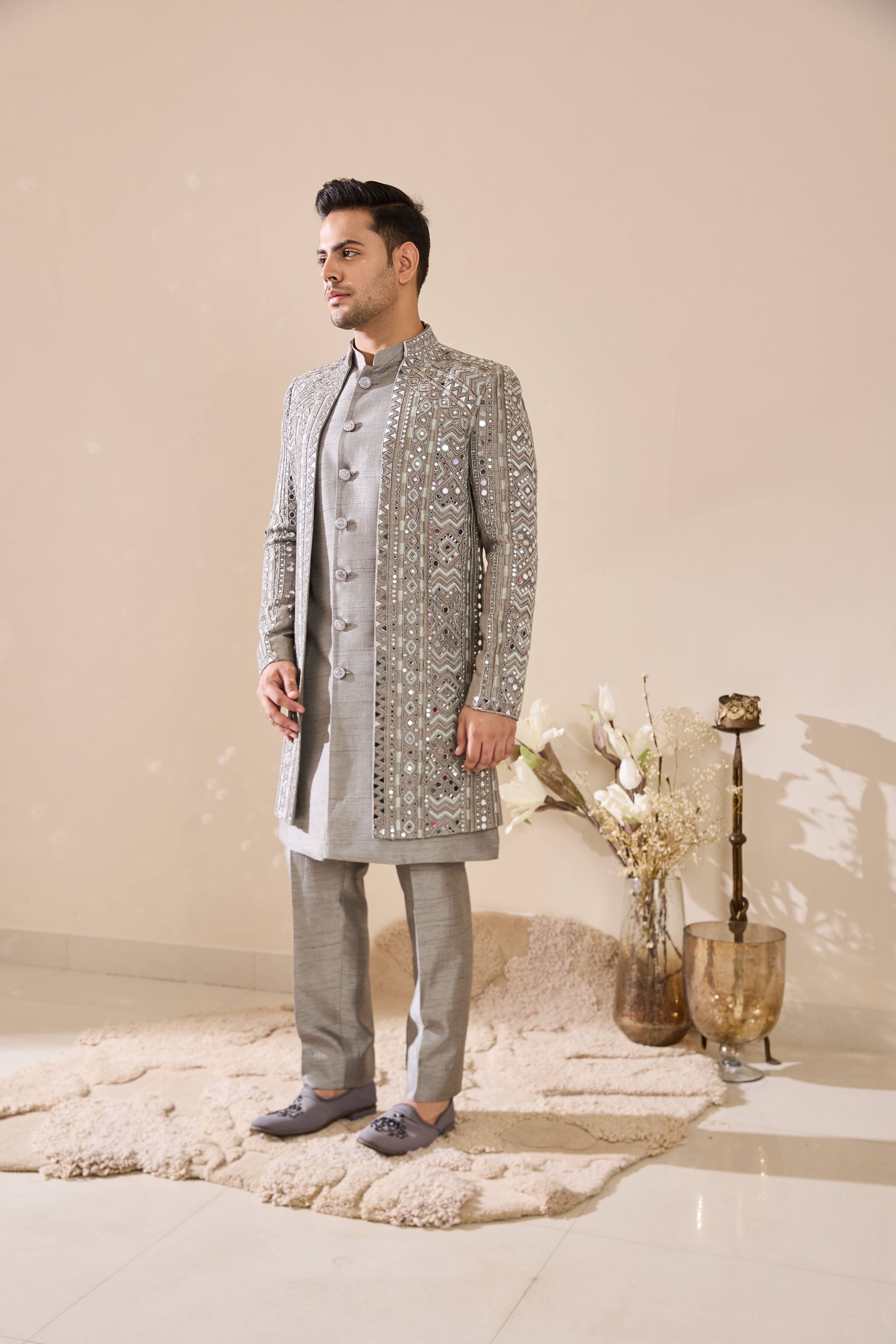 Grey Indo-Western in Beads and mirror Work