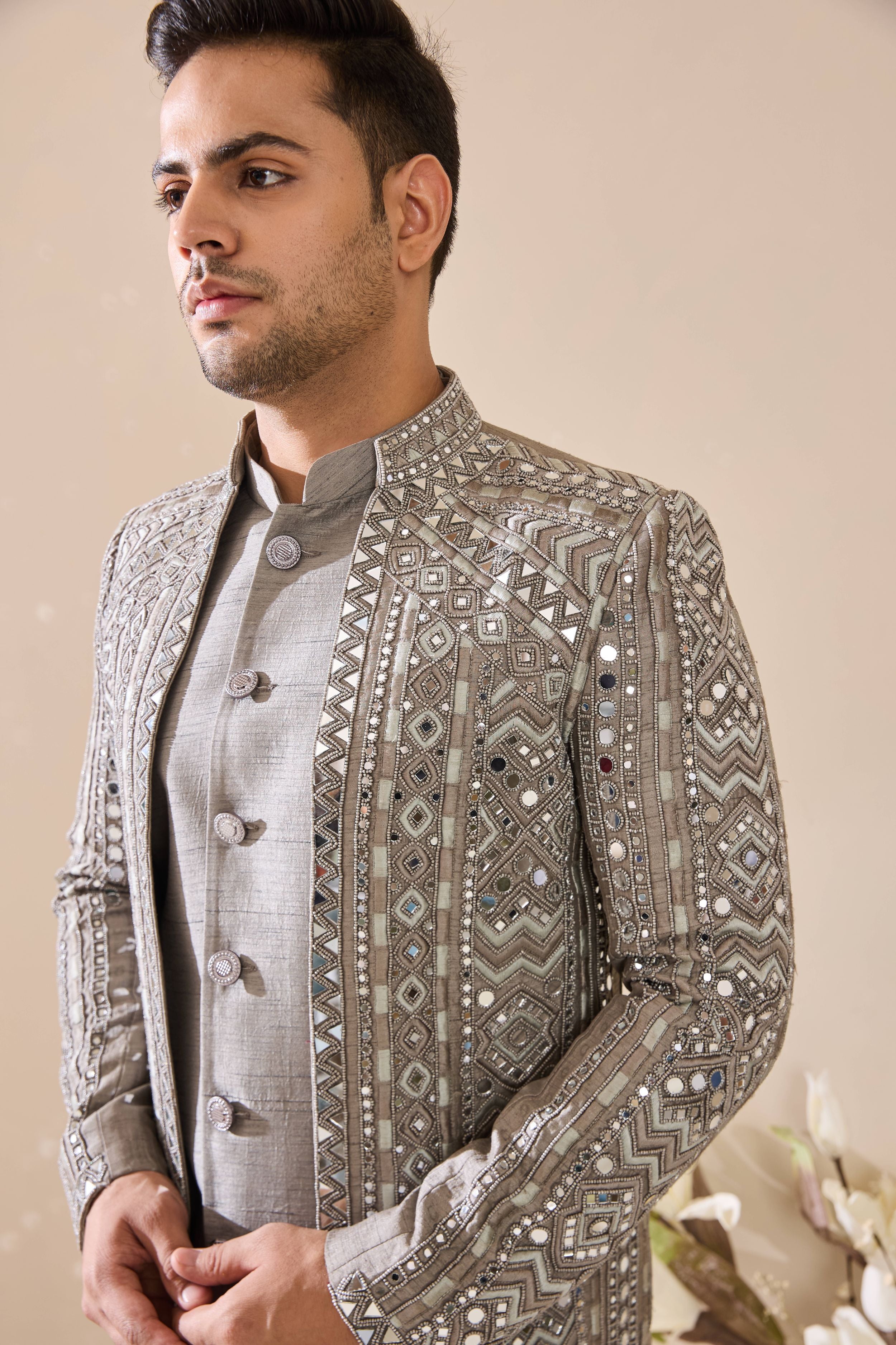 Grey Indo-Western in Beads and mirror Work