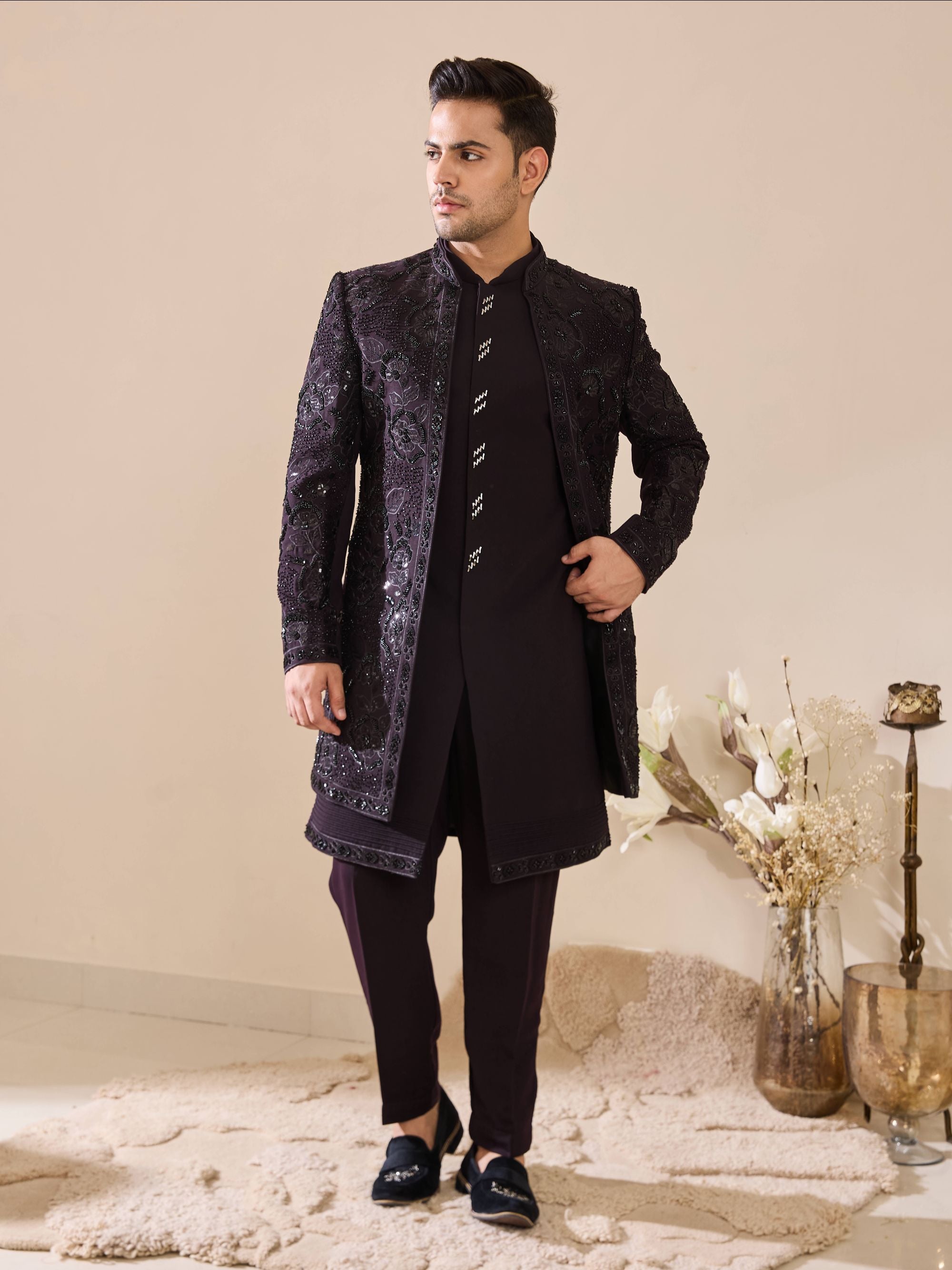 Wine Indo-Western with Beads Work