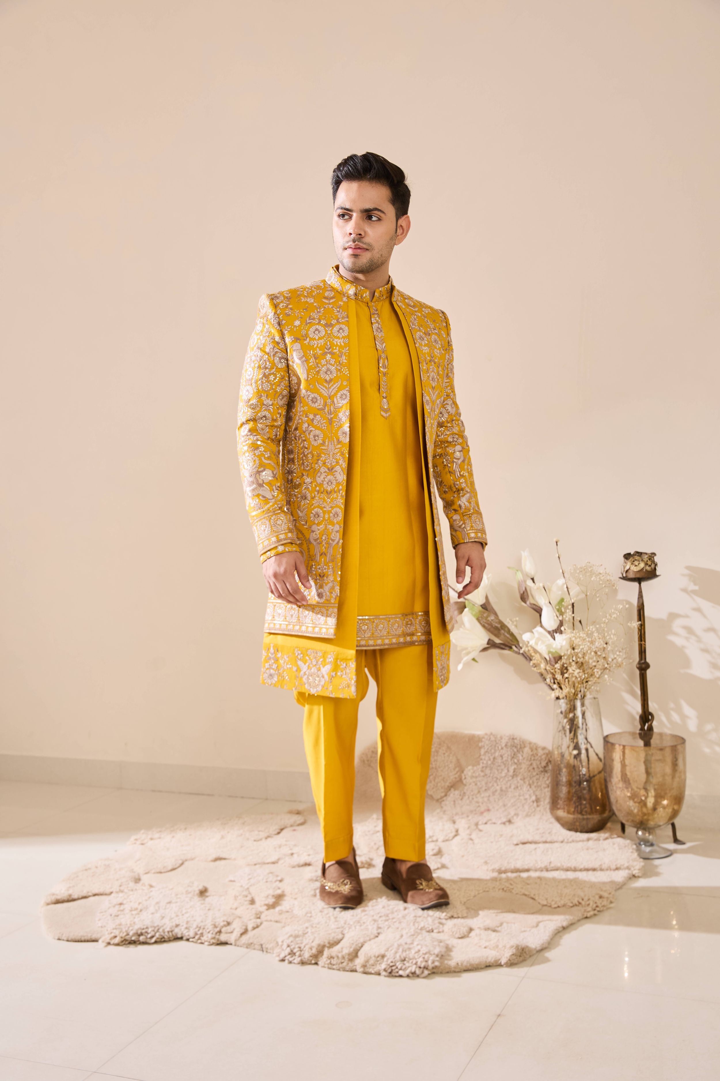 Bright yellow Embroidered Indo-Western With Hand Highlights