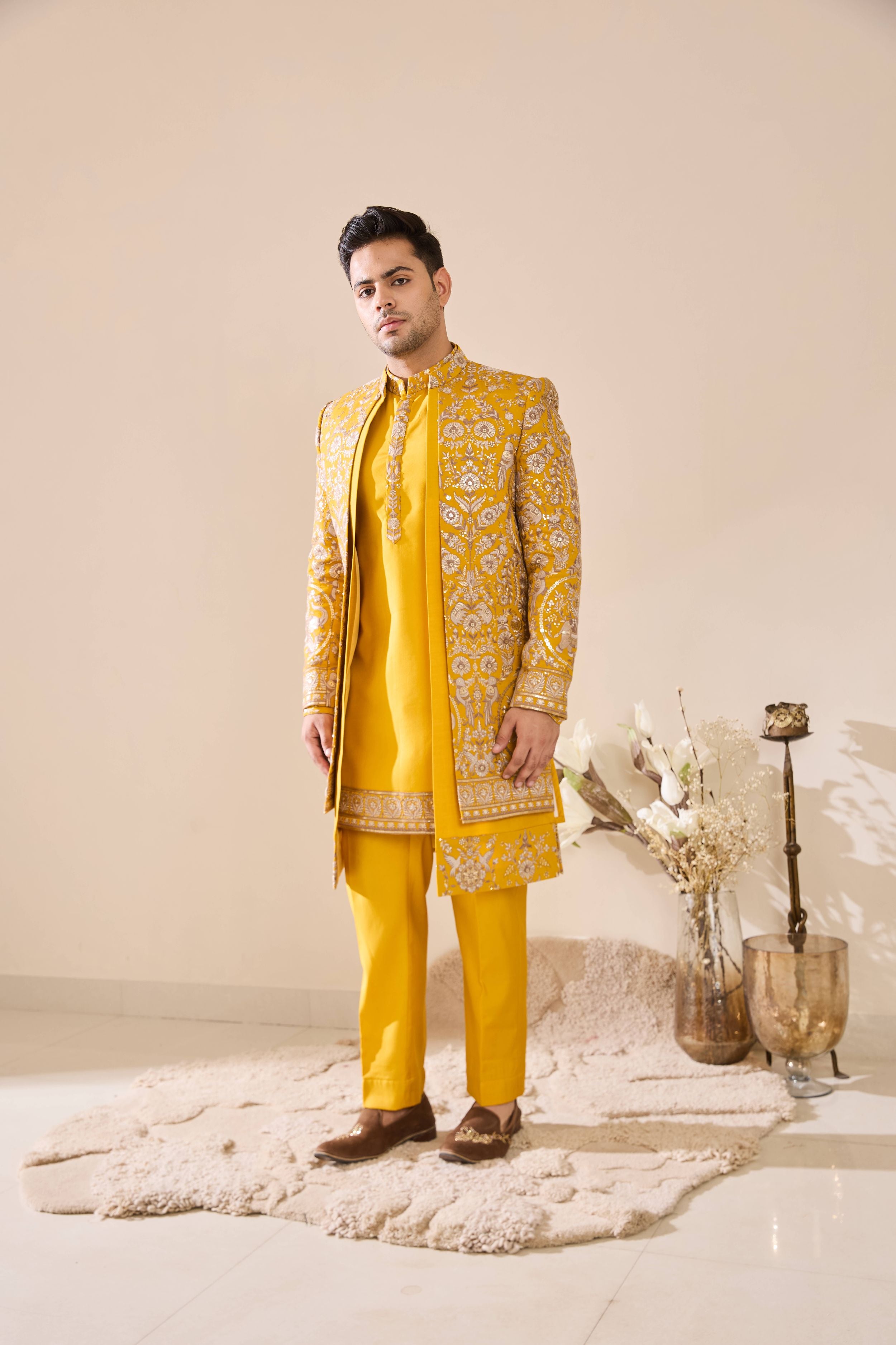 Bright yellow Embroidered Indo-Western With Hand Highlights
