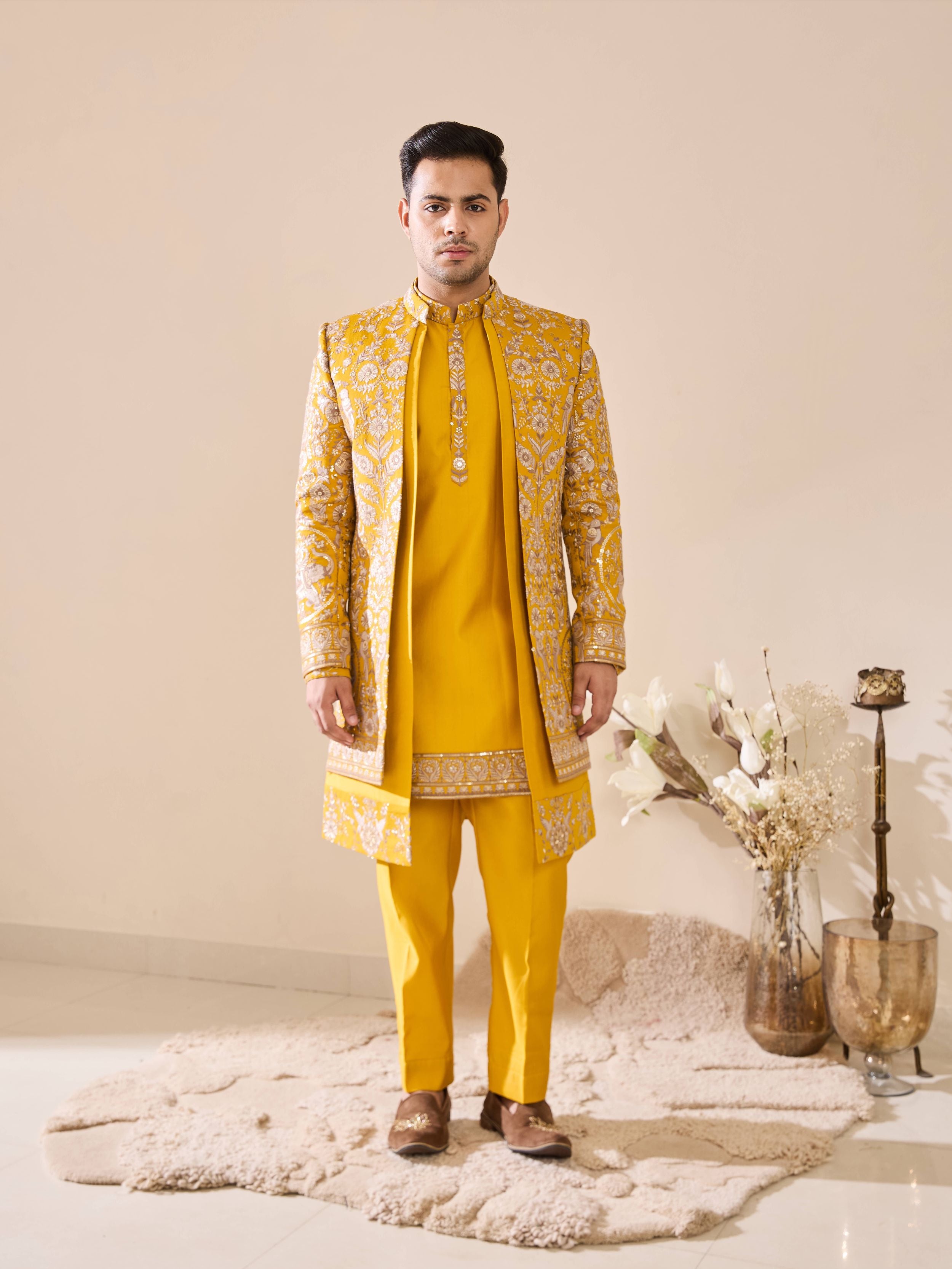 Bright yellow Embroidered Indo-Western With Hand Highlights