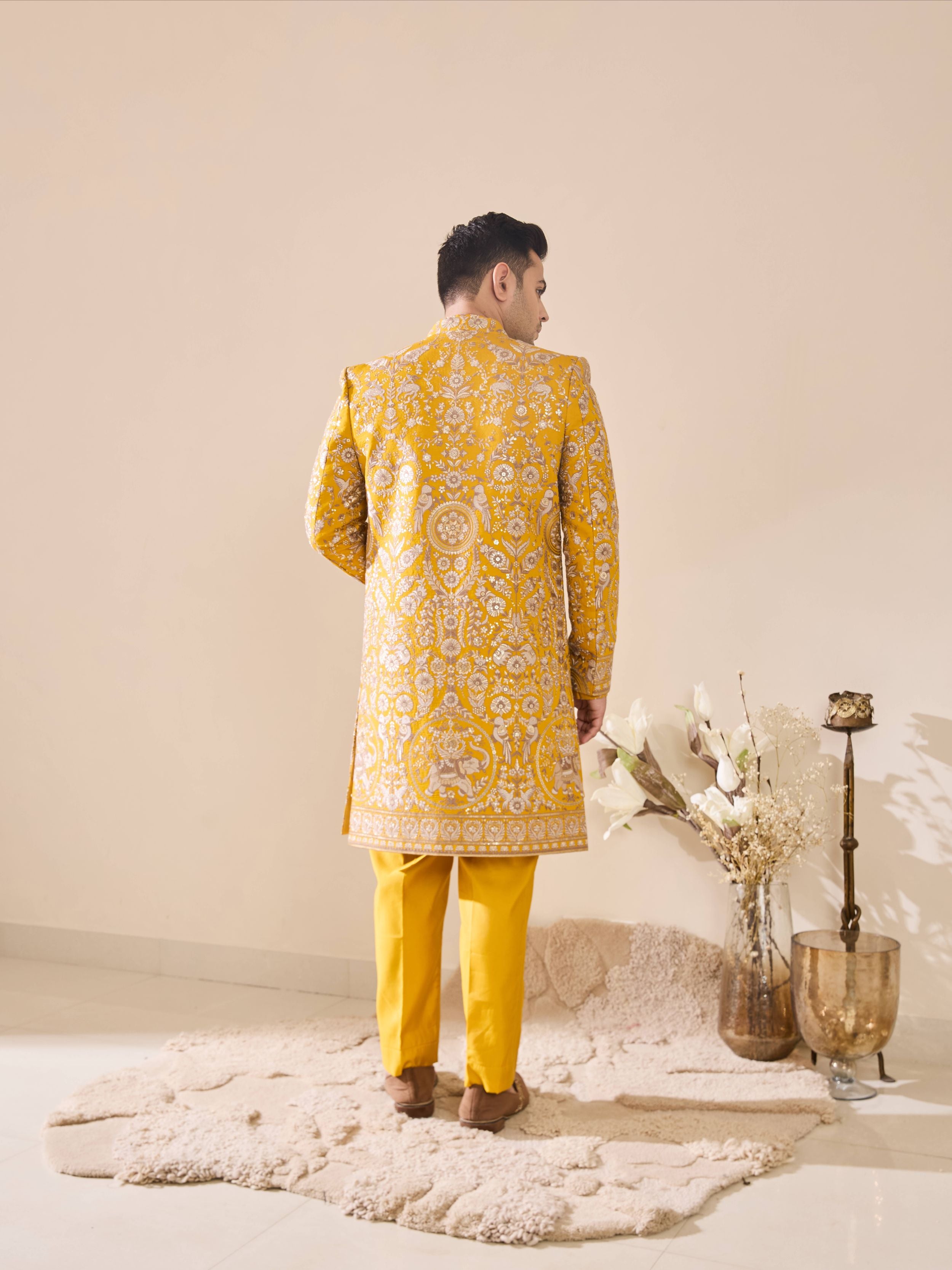 Bright yellow Embroidered Indo-Western With Hand Highlights