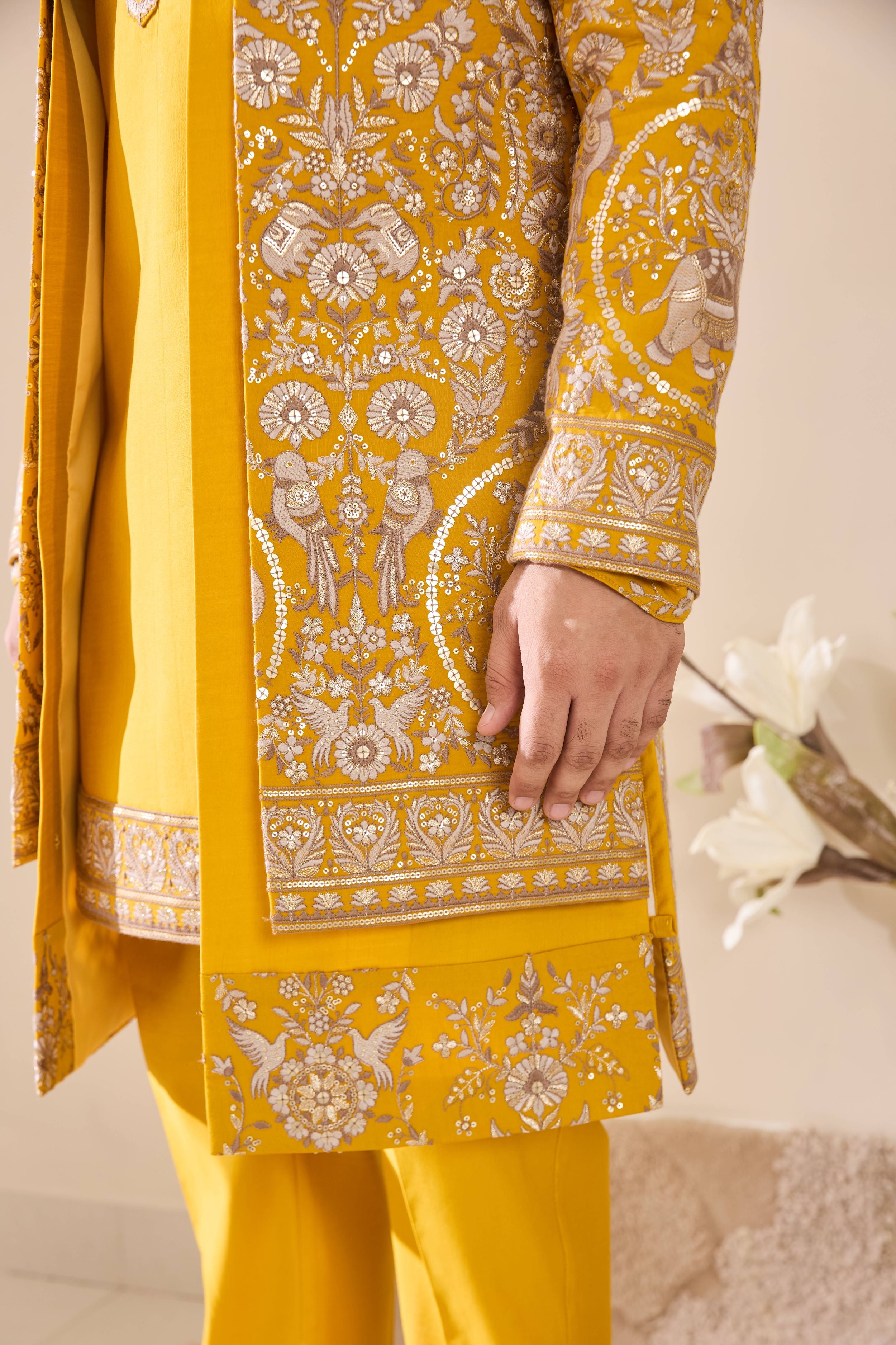 Bright yellow Embroidered Indo-Western With Hand Highlights