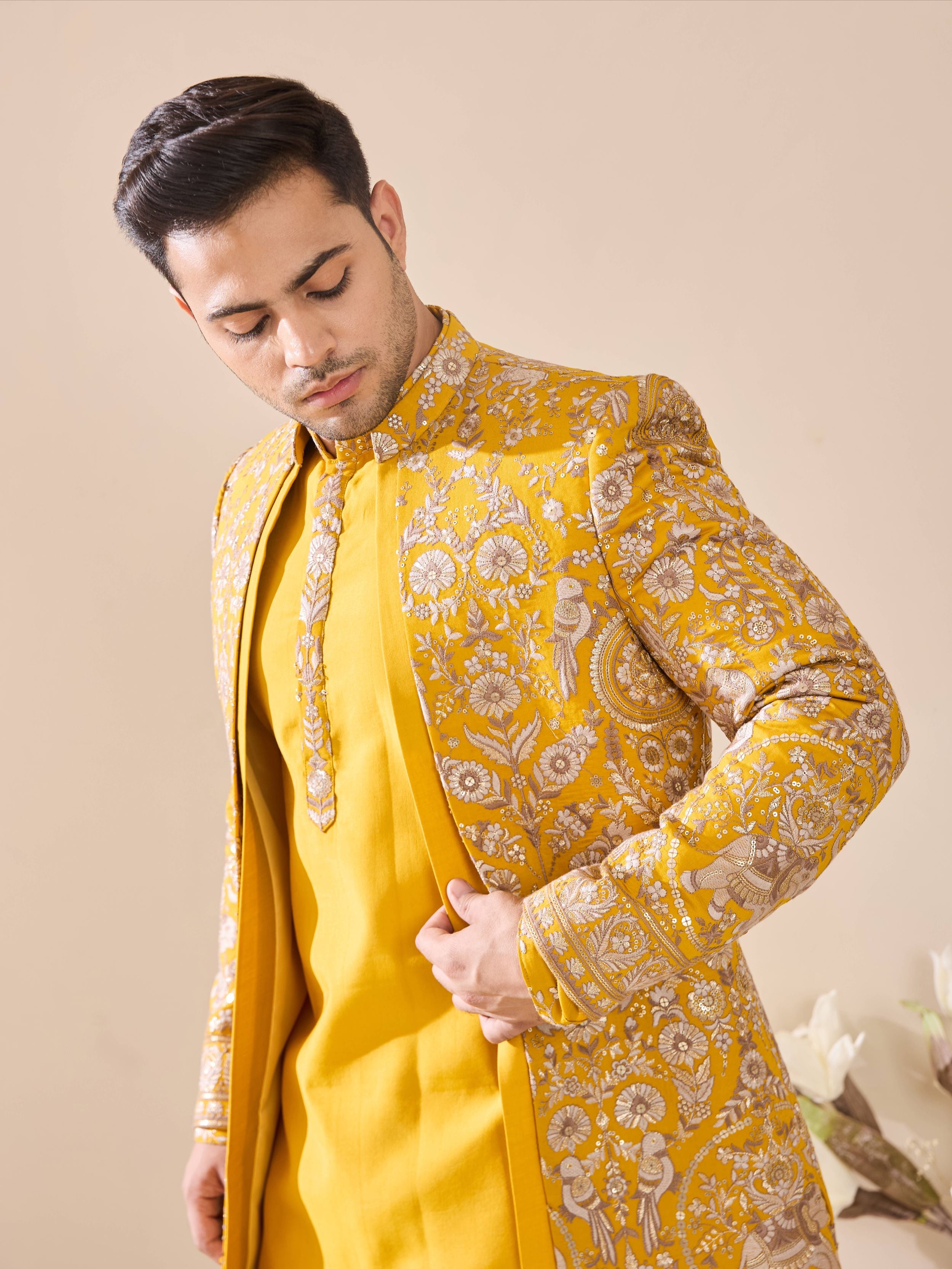 Bright yellow Embroidered Indo-Western With Hand Highlights