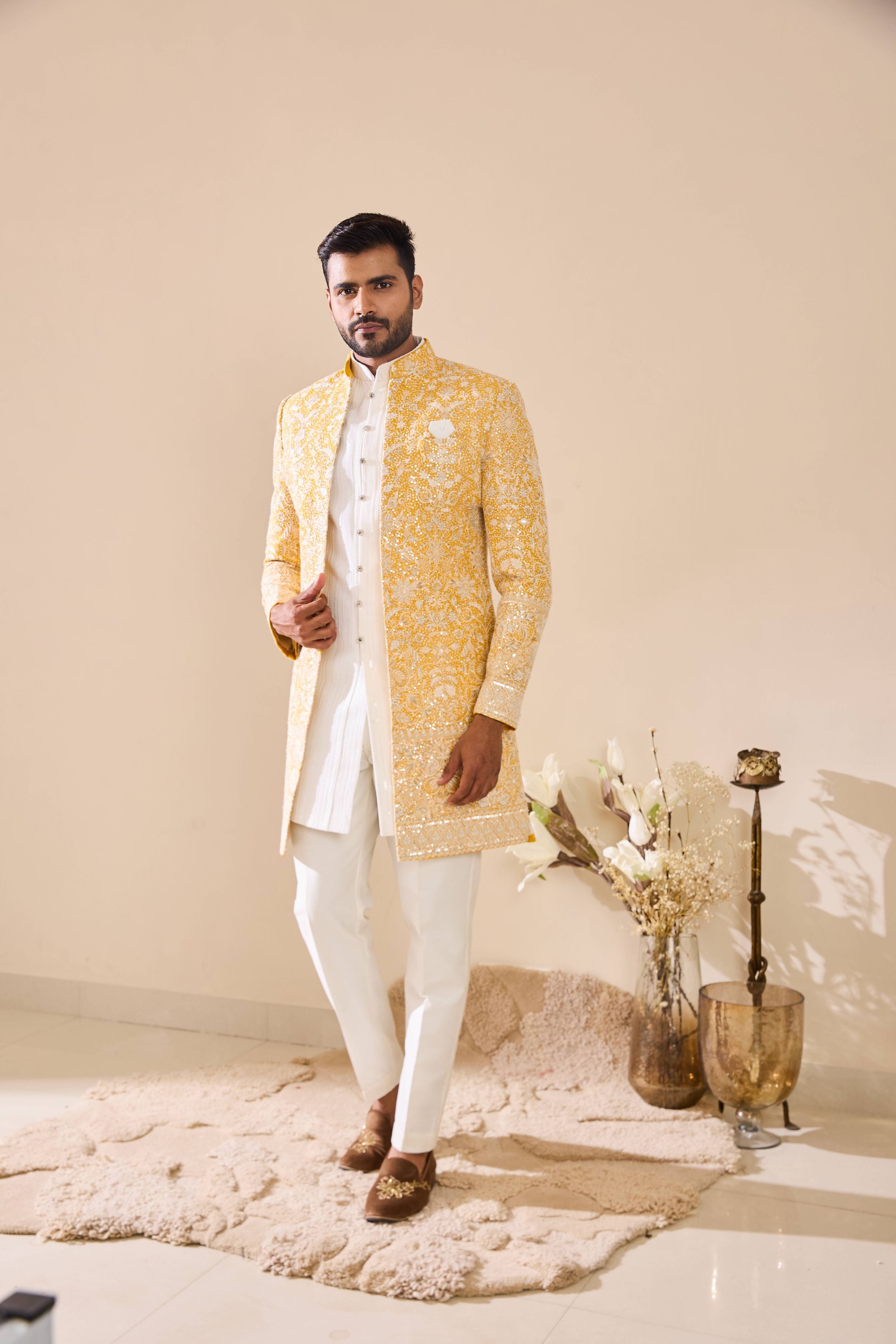 White and Yellow Embroidered Indo-Western In Thread work with Sequins Highlights