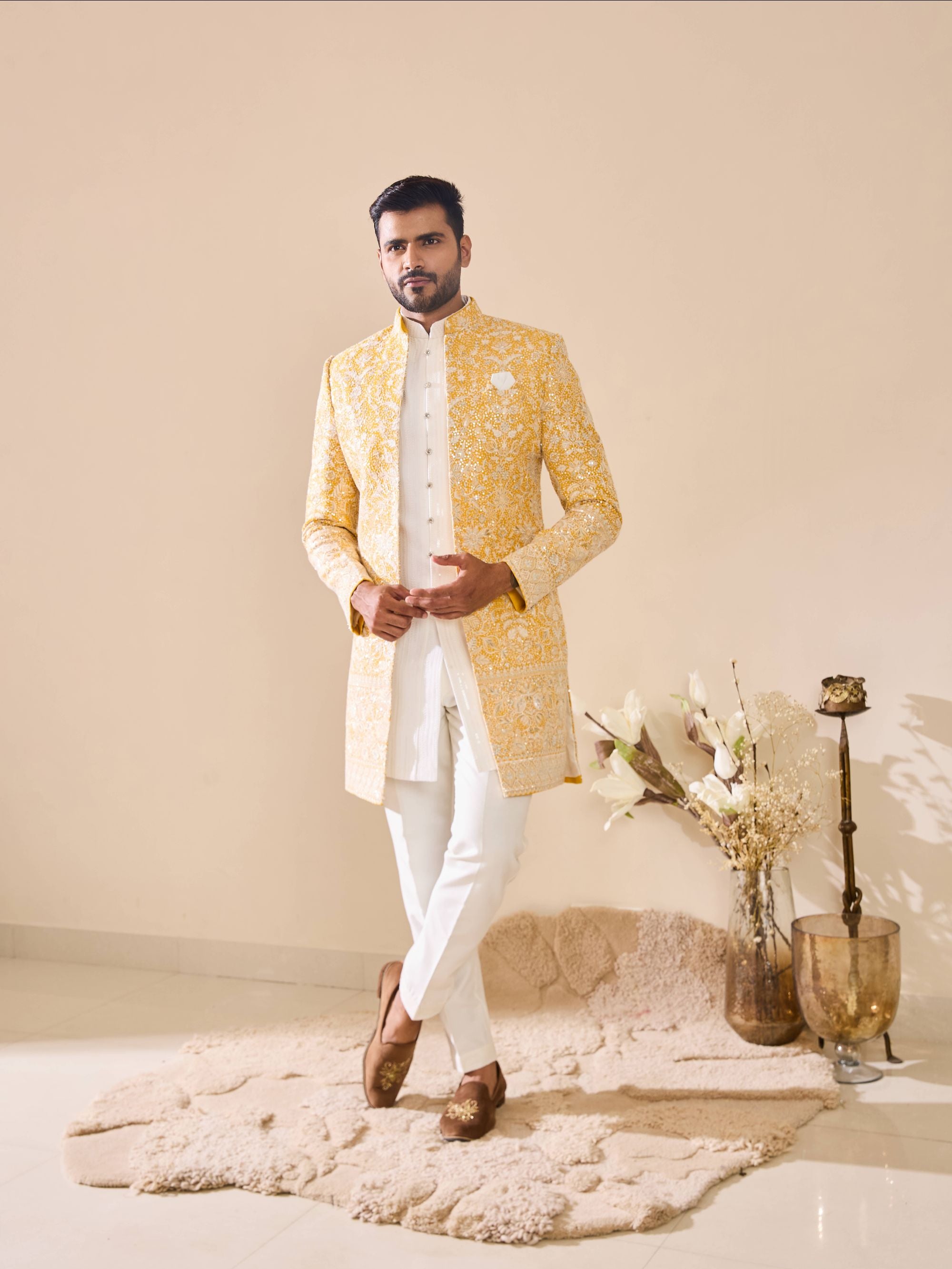 White and Yellow Embroidered Indo-Western In Thread work with Sequins Highlights