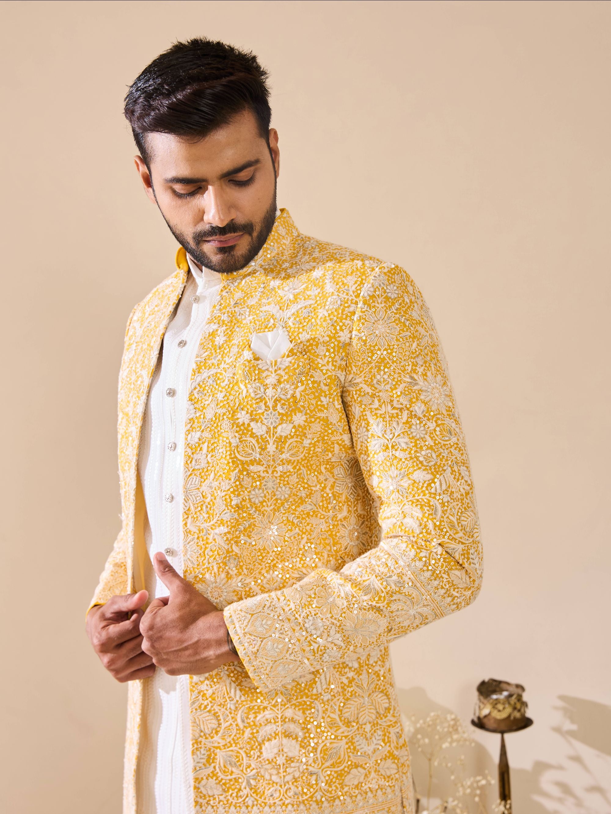 White and Yellow Embroidered Indo-Western In Thread work with Sequins Highlights