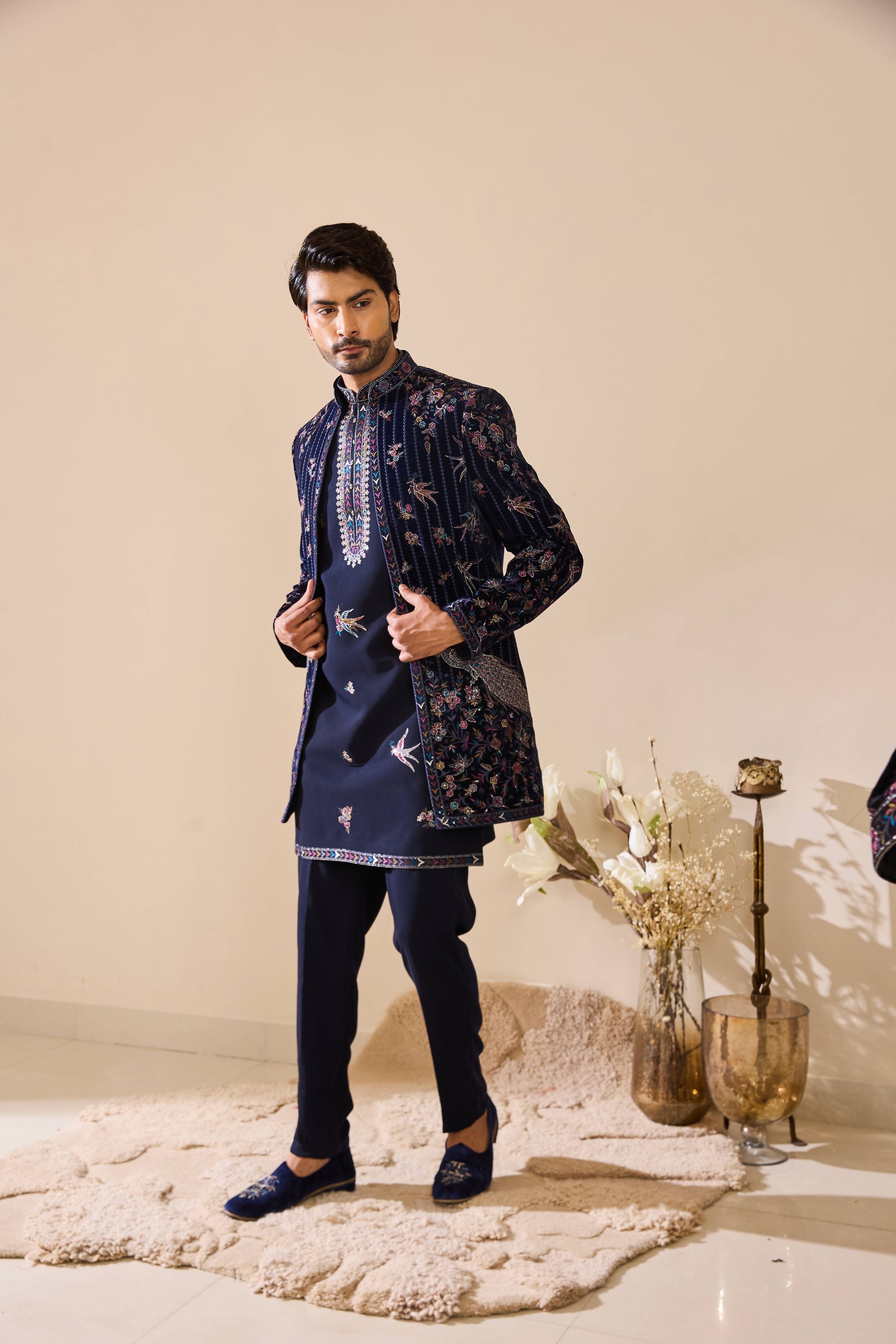 Navy Blue Indo-Western in Resham Thread work with Sequins Work