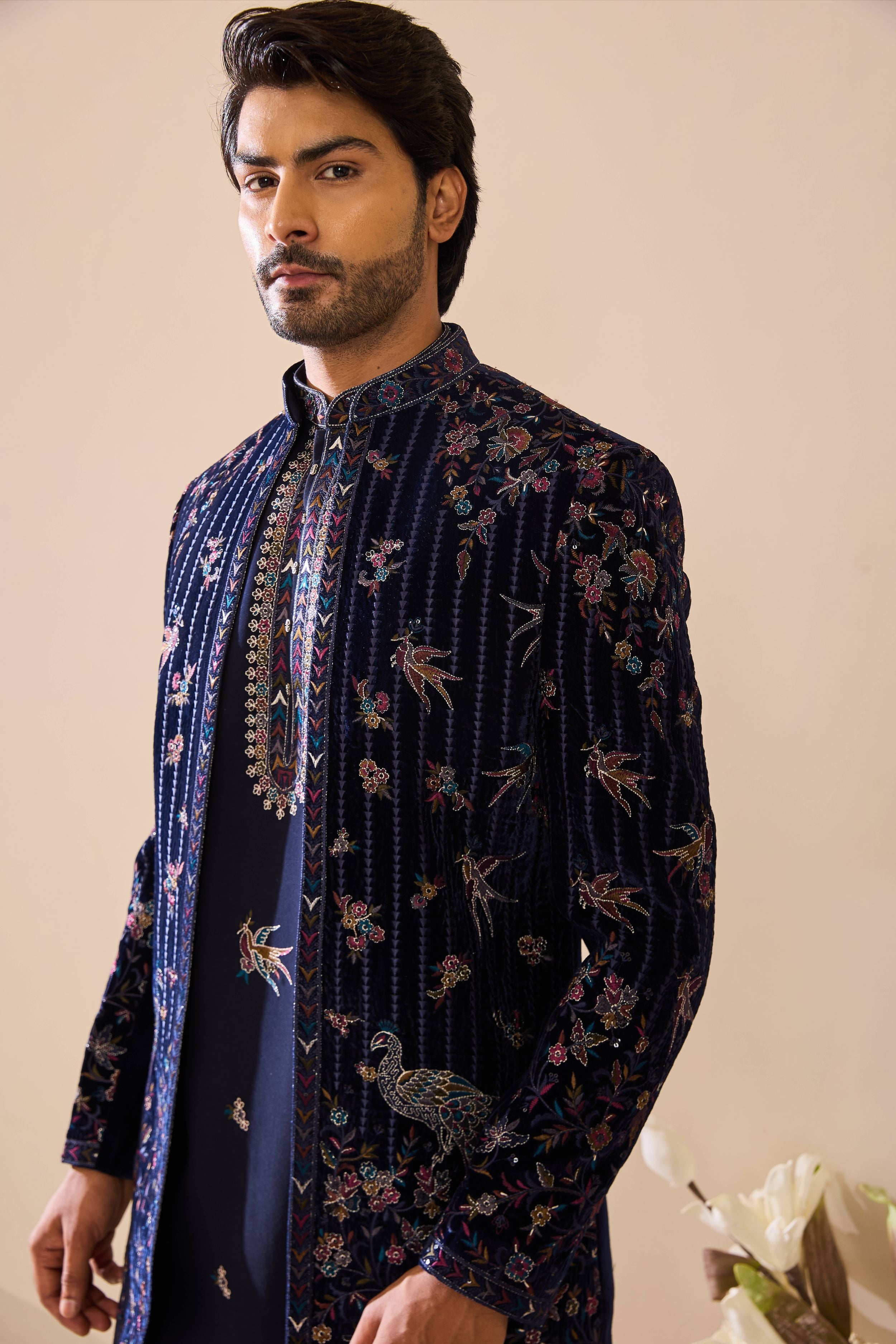 Navy Blue Indo-Western in Resham Thread work with Sequins Work