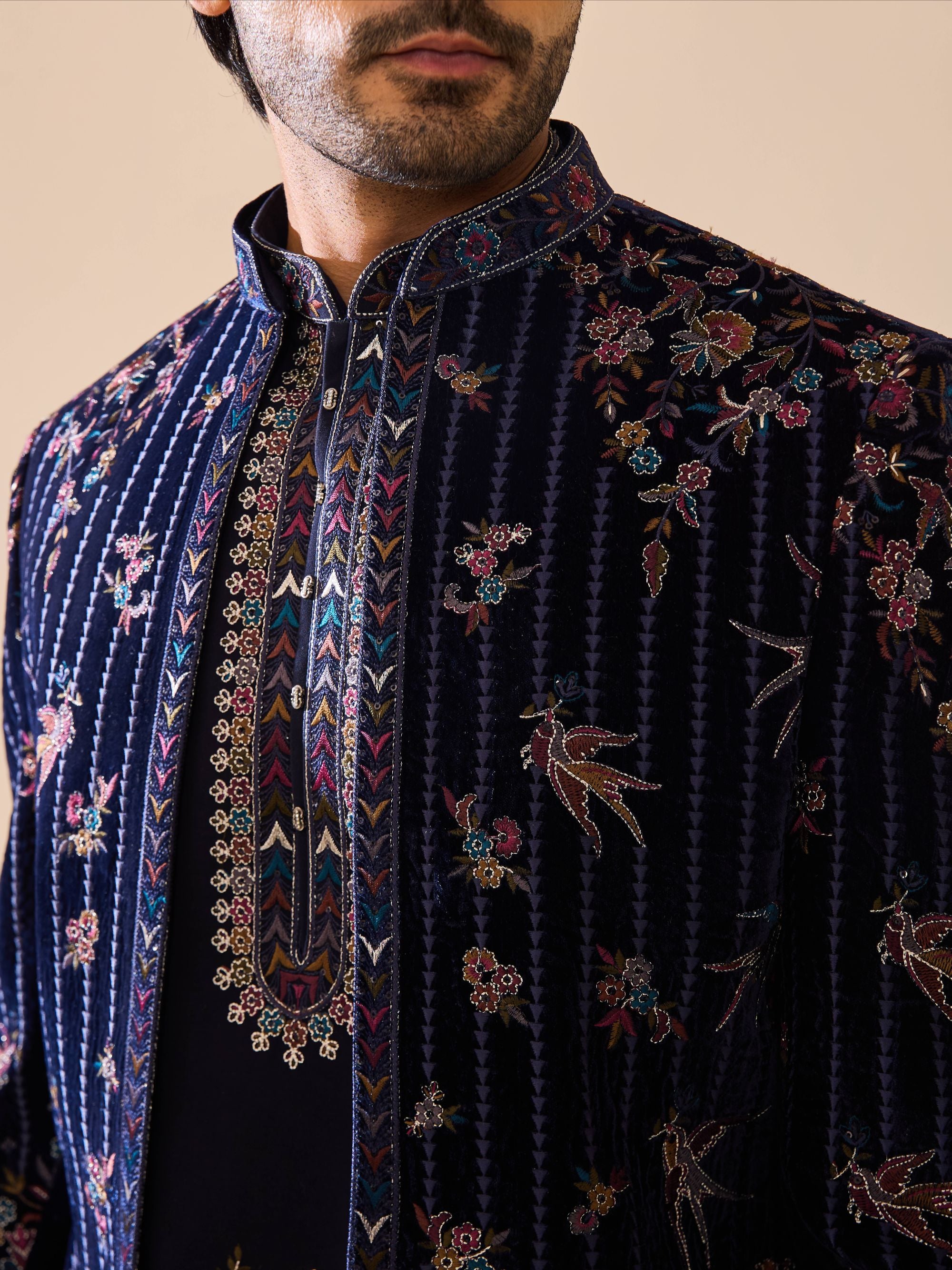 Navy Blue Indo-Western in Resham Thread work with Sequins Work