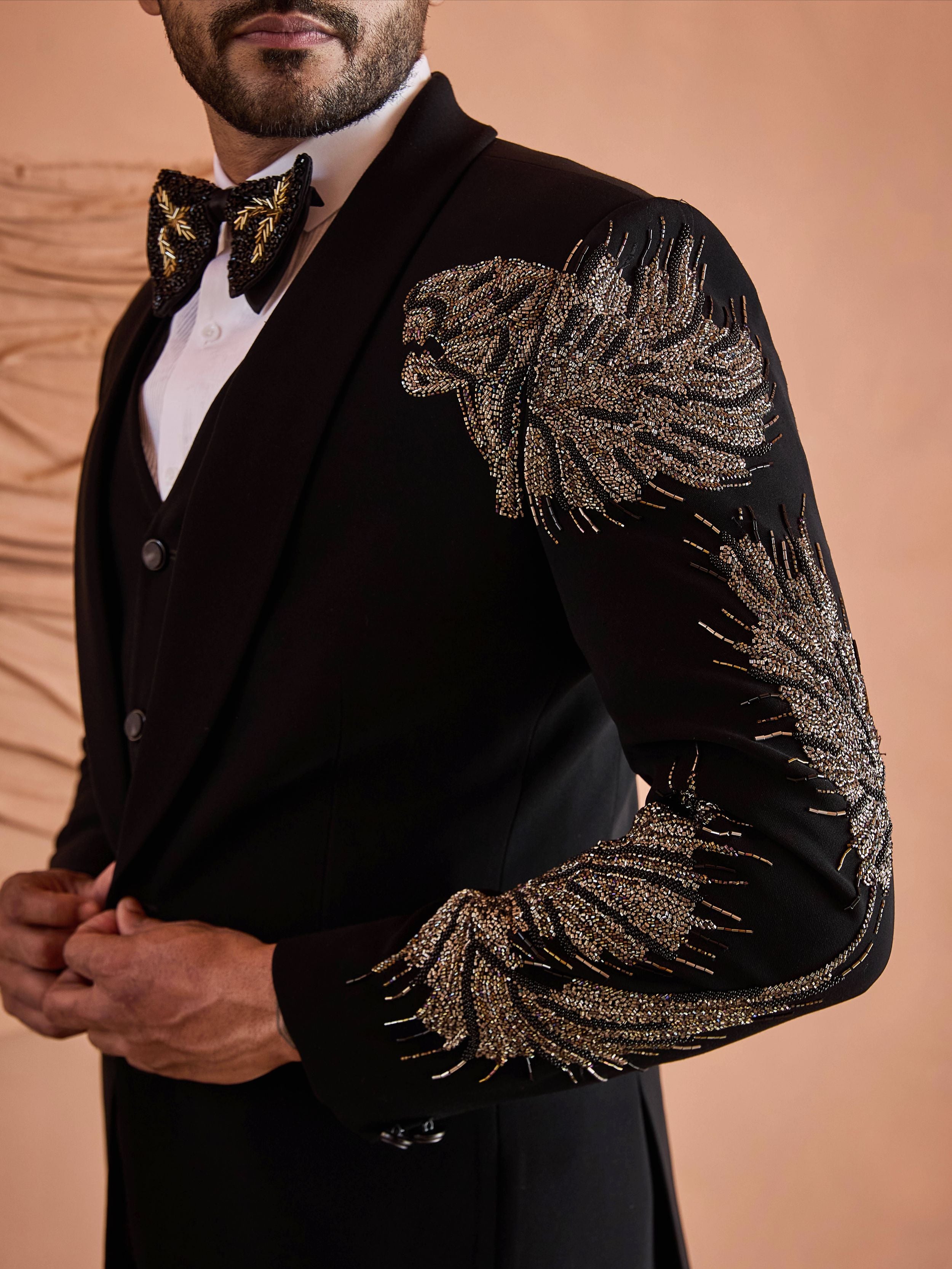 Black Cutdana And Beads Embroidery Tuxedo Set