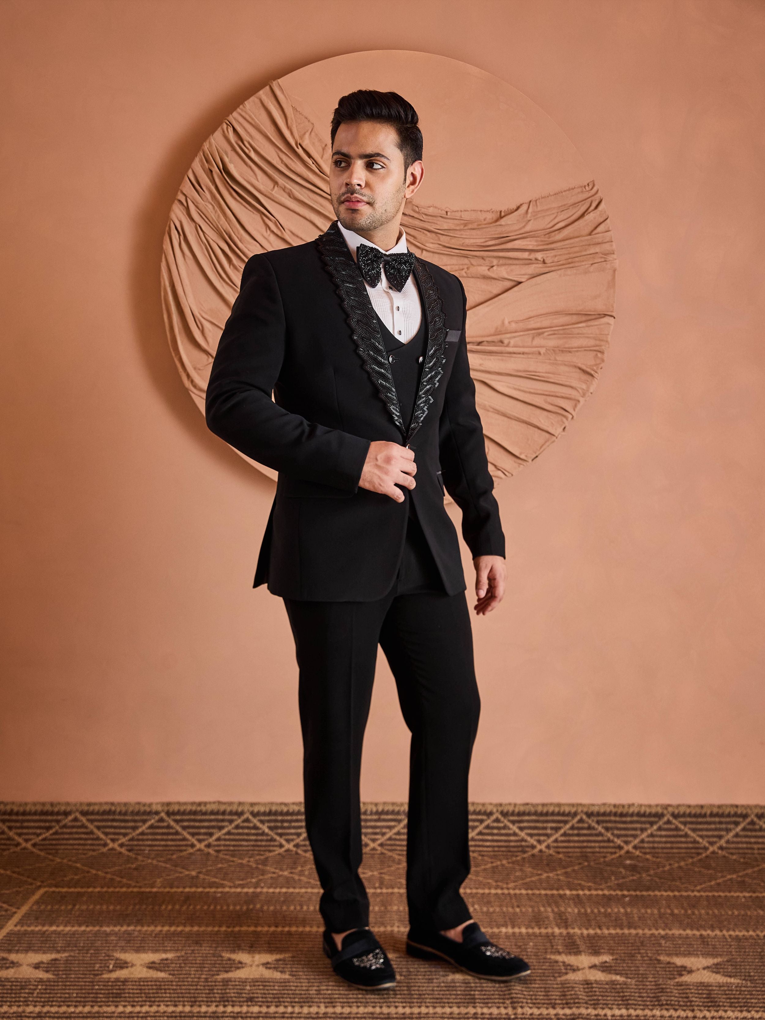 Black Cutdana And Beads Embroidery Tuxedo Set