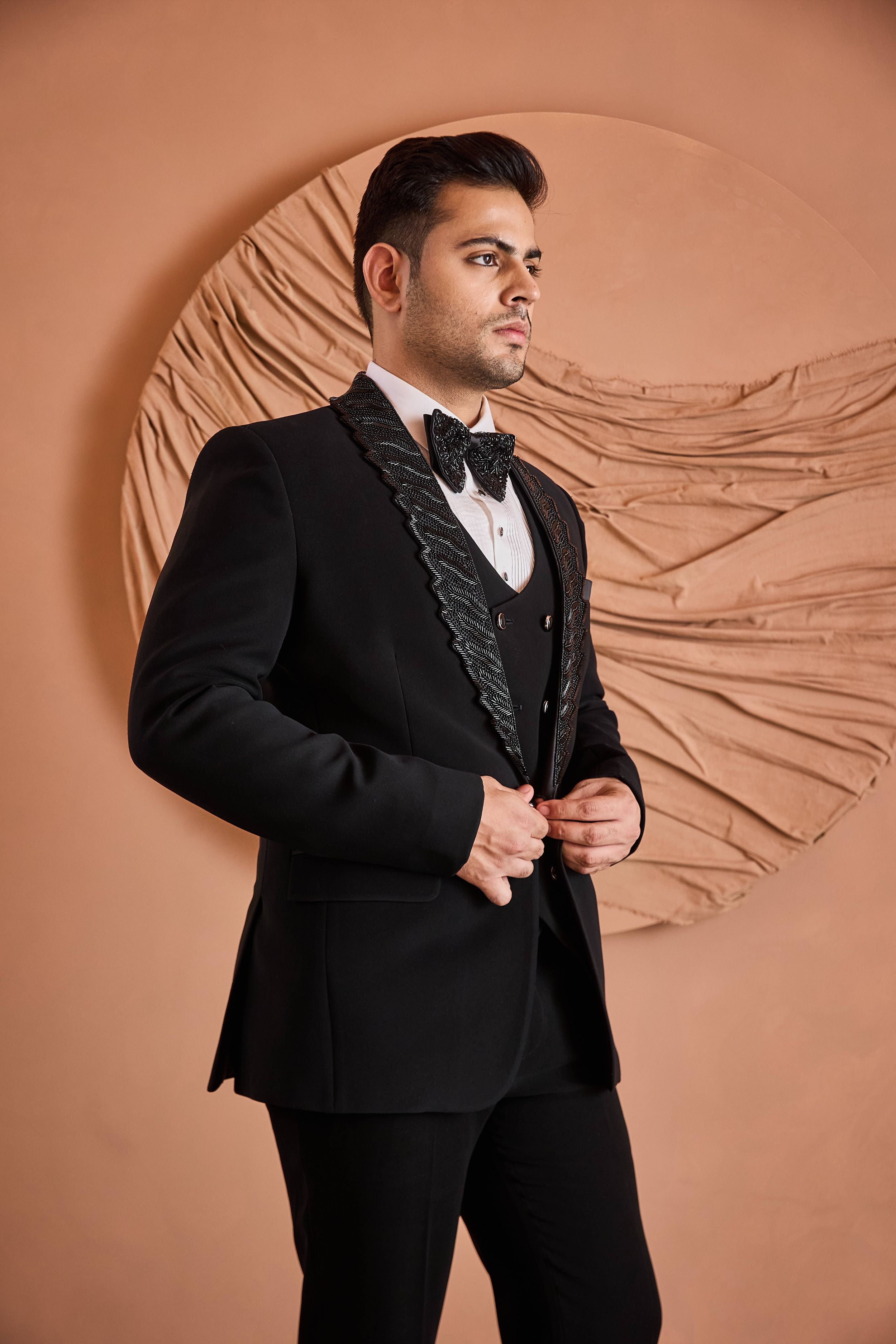 Black Cutdana And Beads Embroidery Tuxedo Set