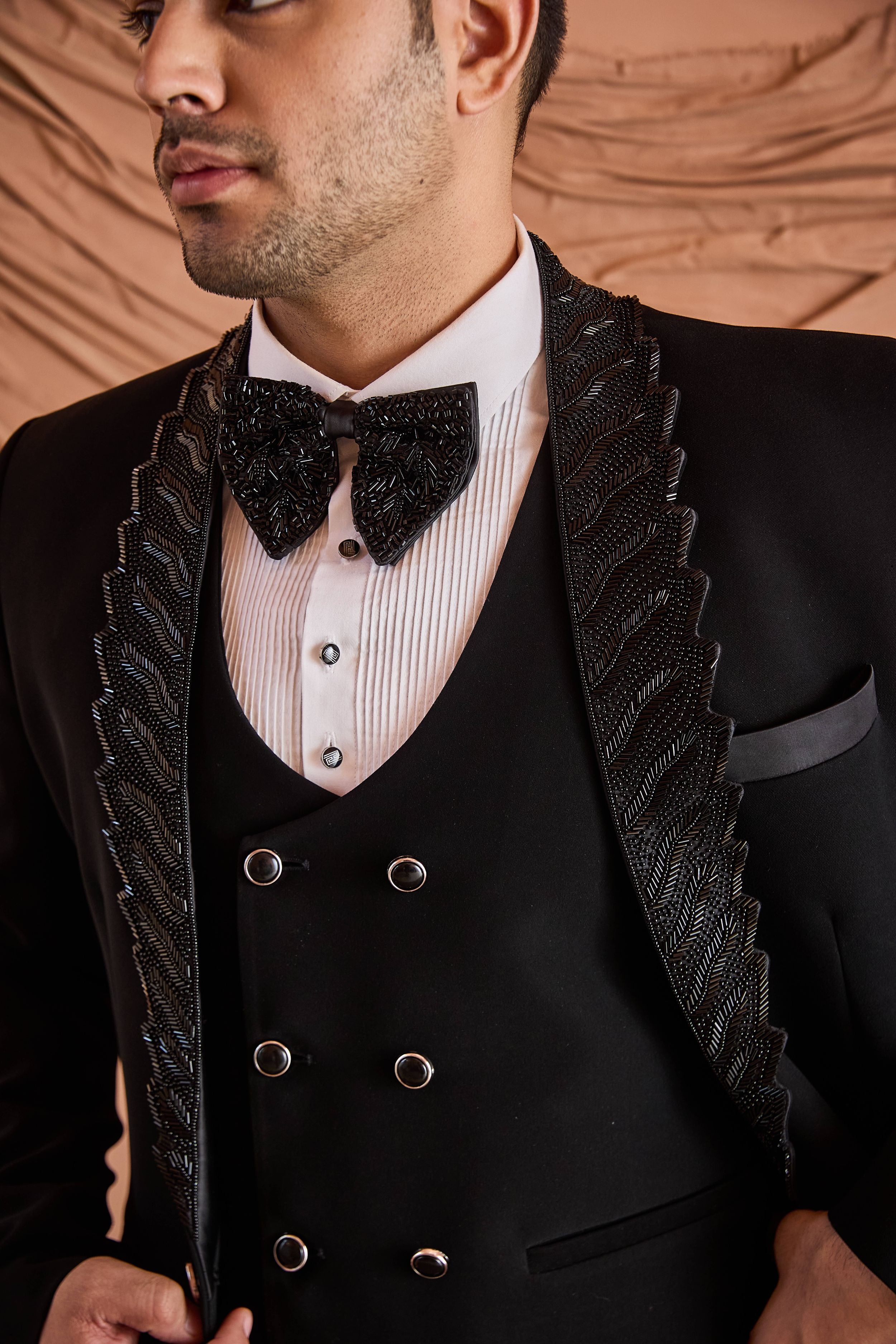 Black Cutdana And Beads Embroidery Tuxedo Set