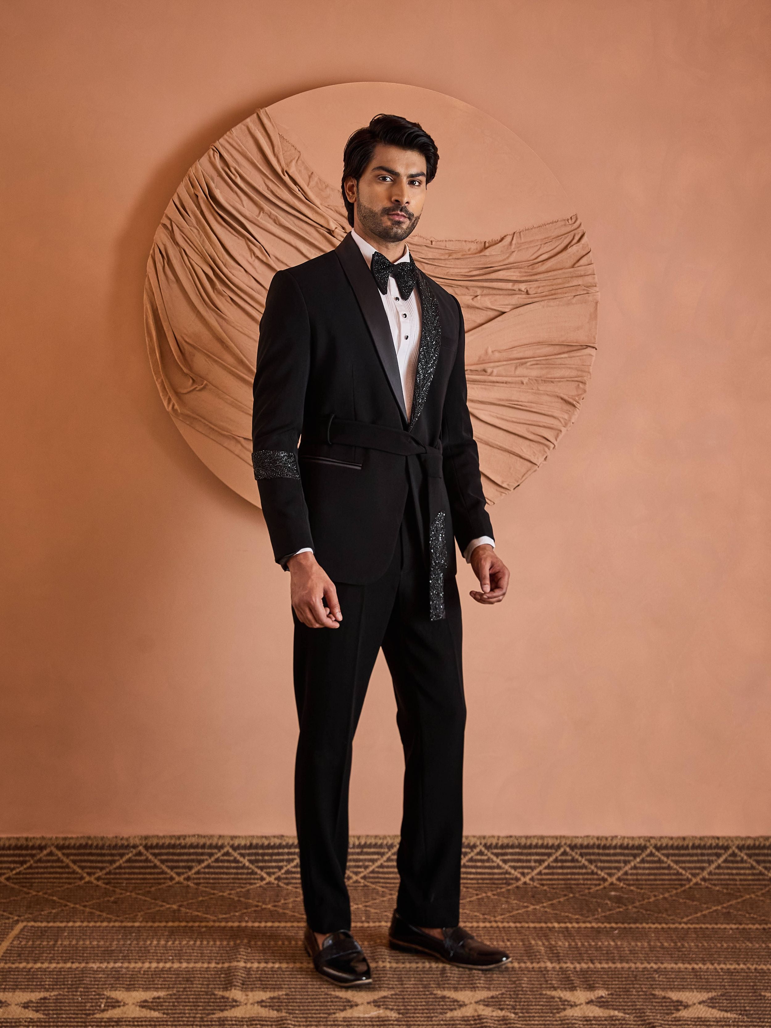 Black Cutdana Embroidery Tuxedo Set