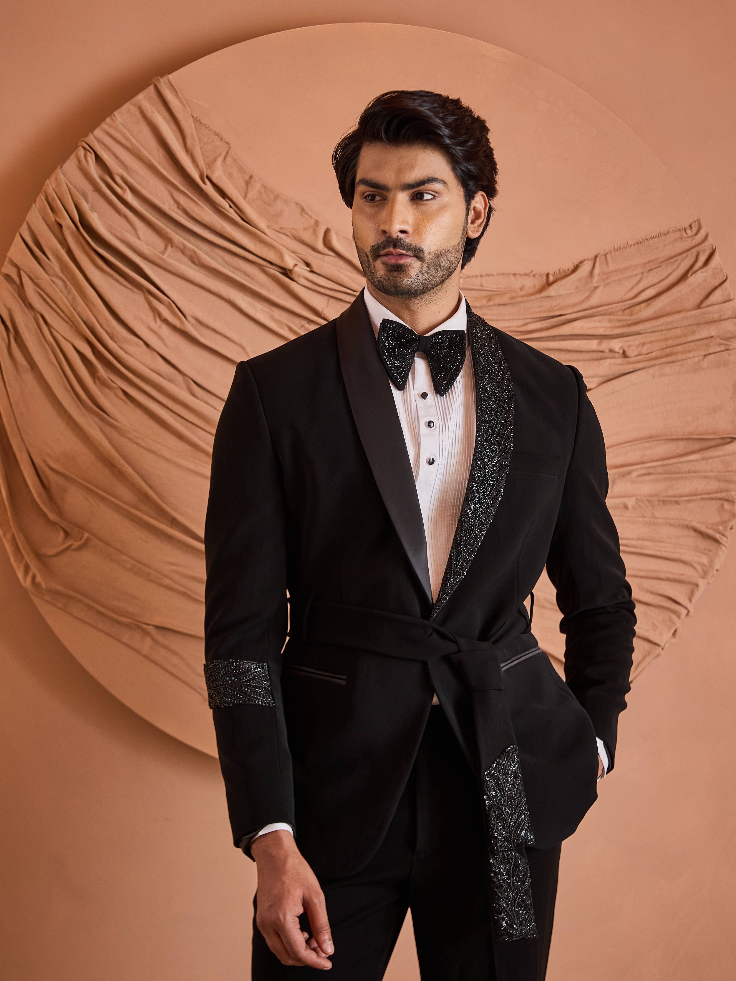 Black Cutdana Embroidery Tuxedo Set