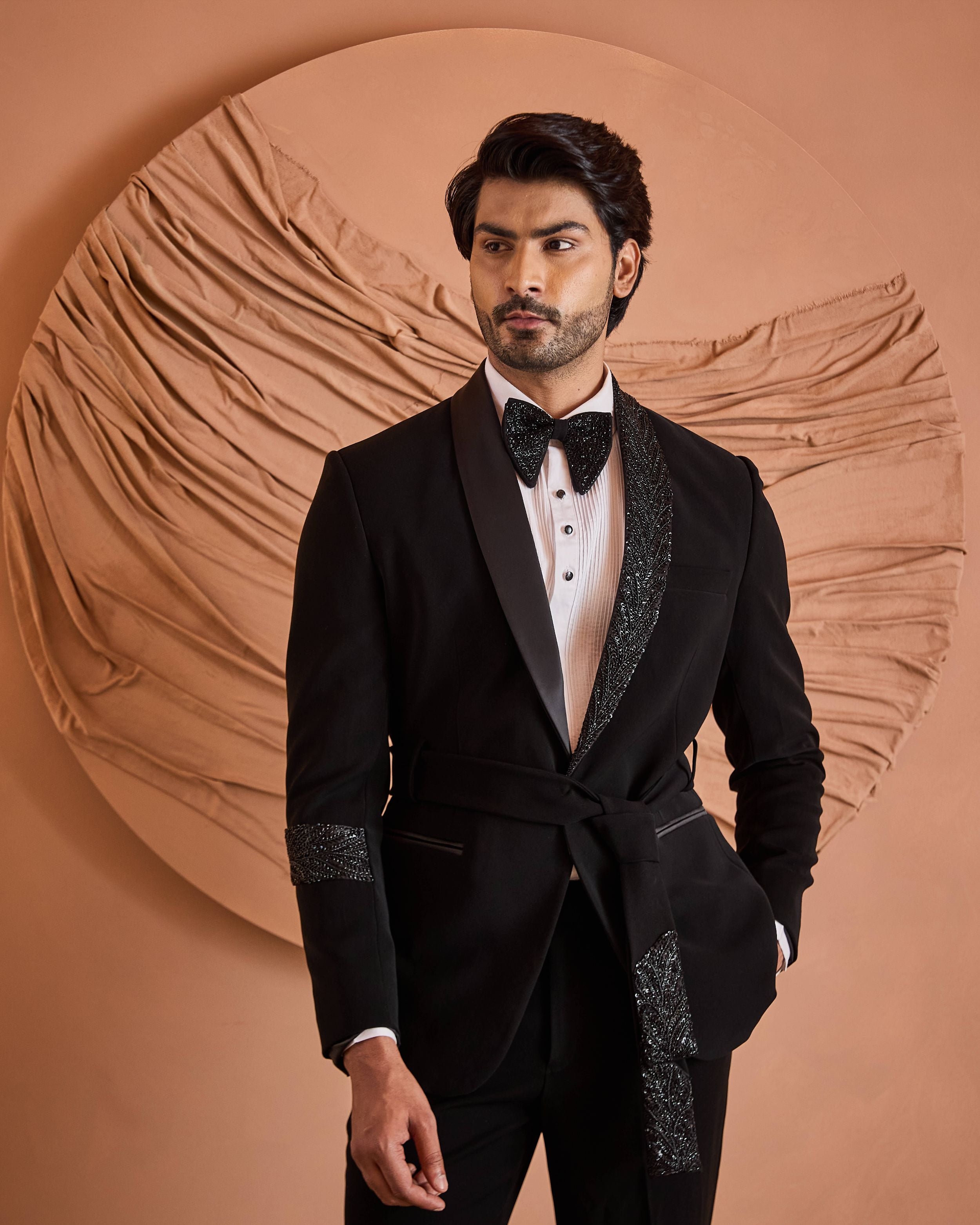 Black Cutdana Embroidery Tuxedo Set