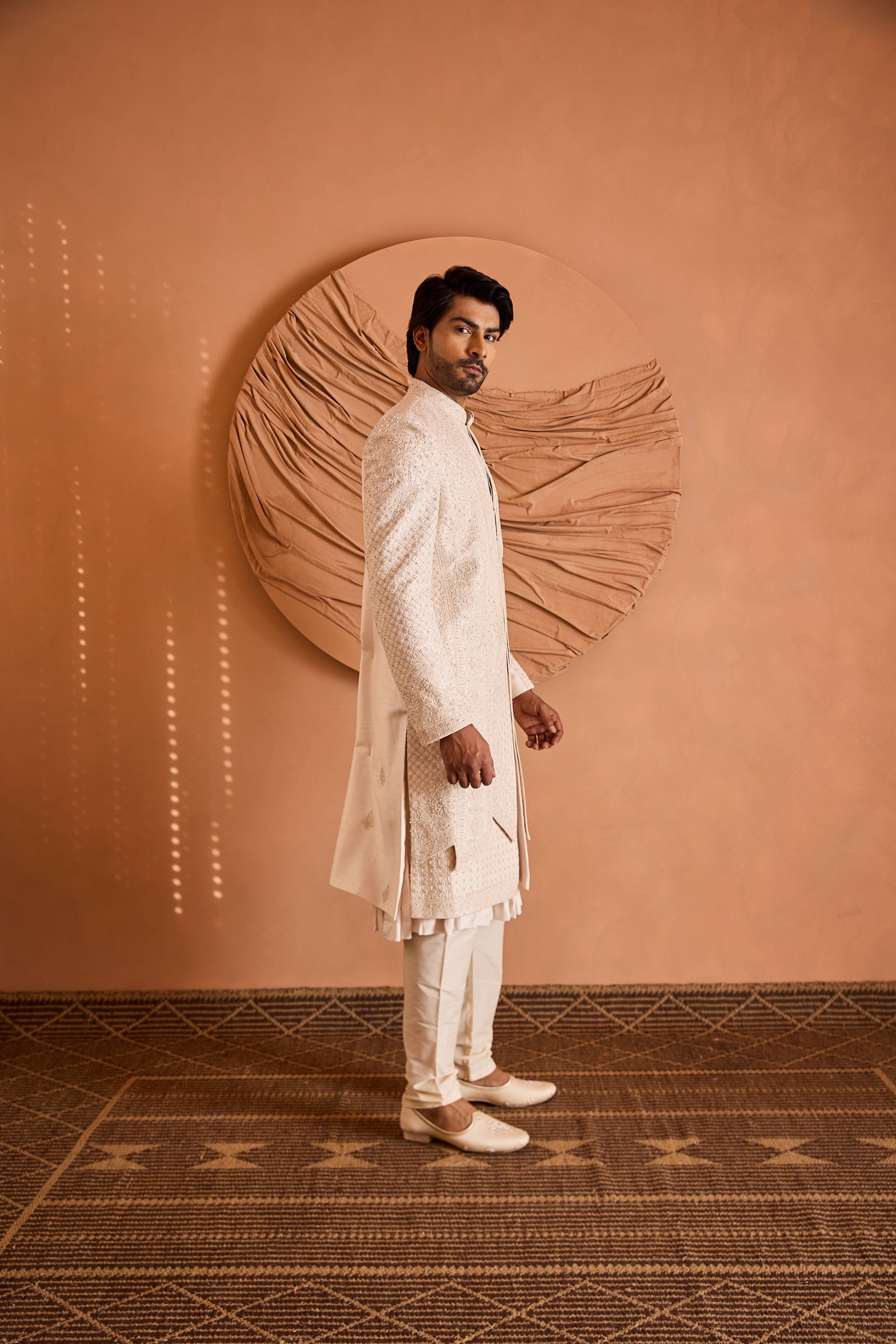Peach Faux Layered Embroidered Sherwani