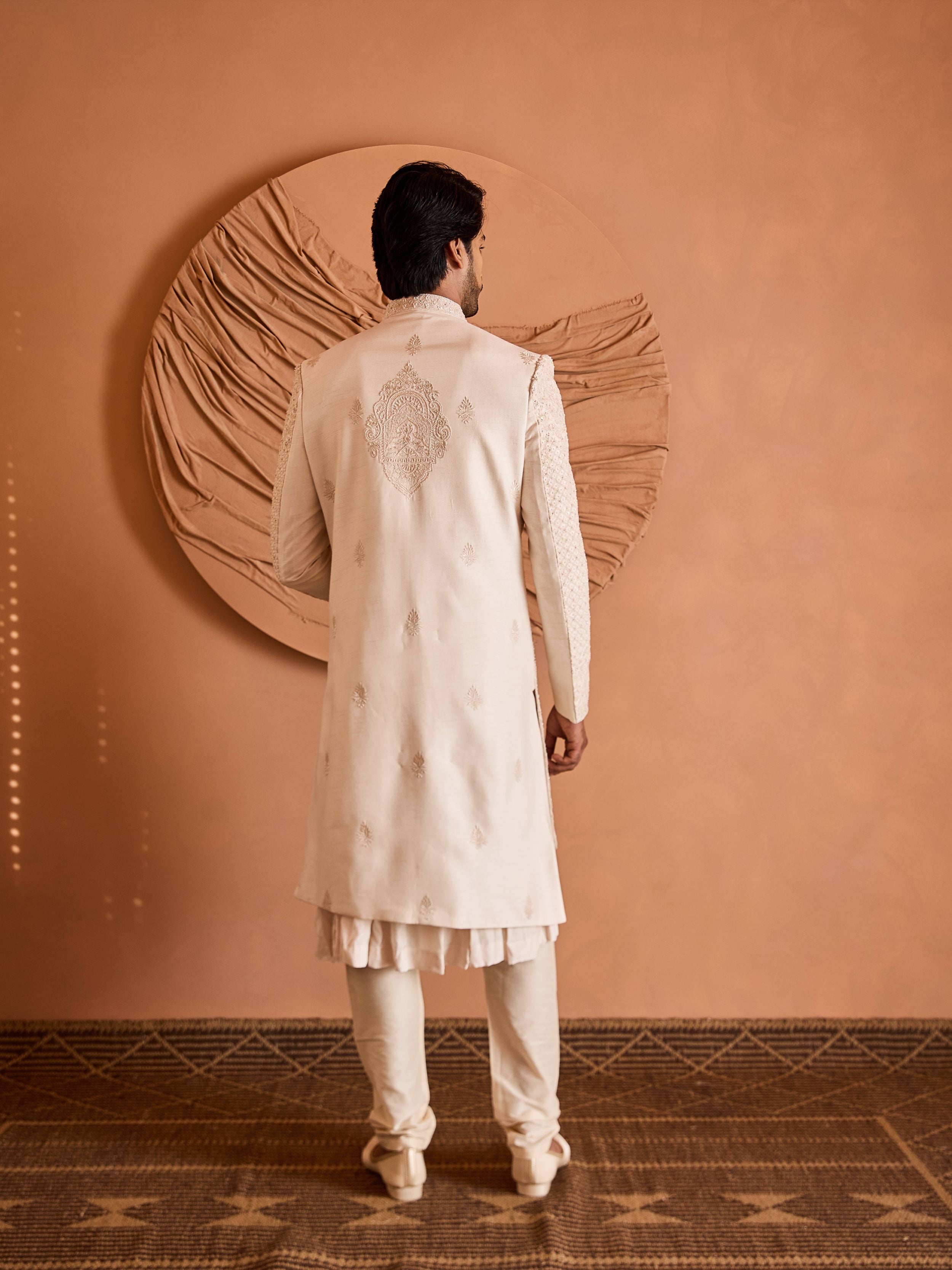 Peach Faux Layered Embroidered Sherwani