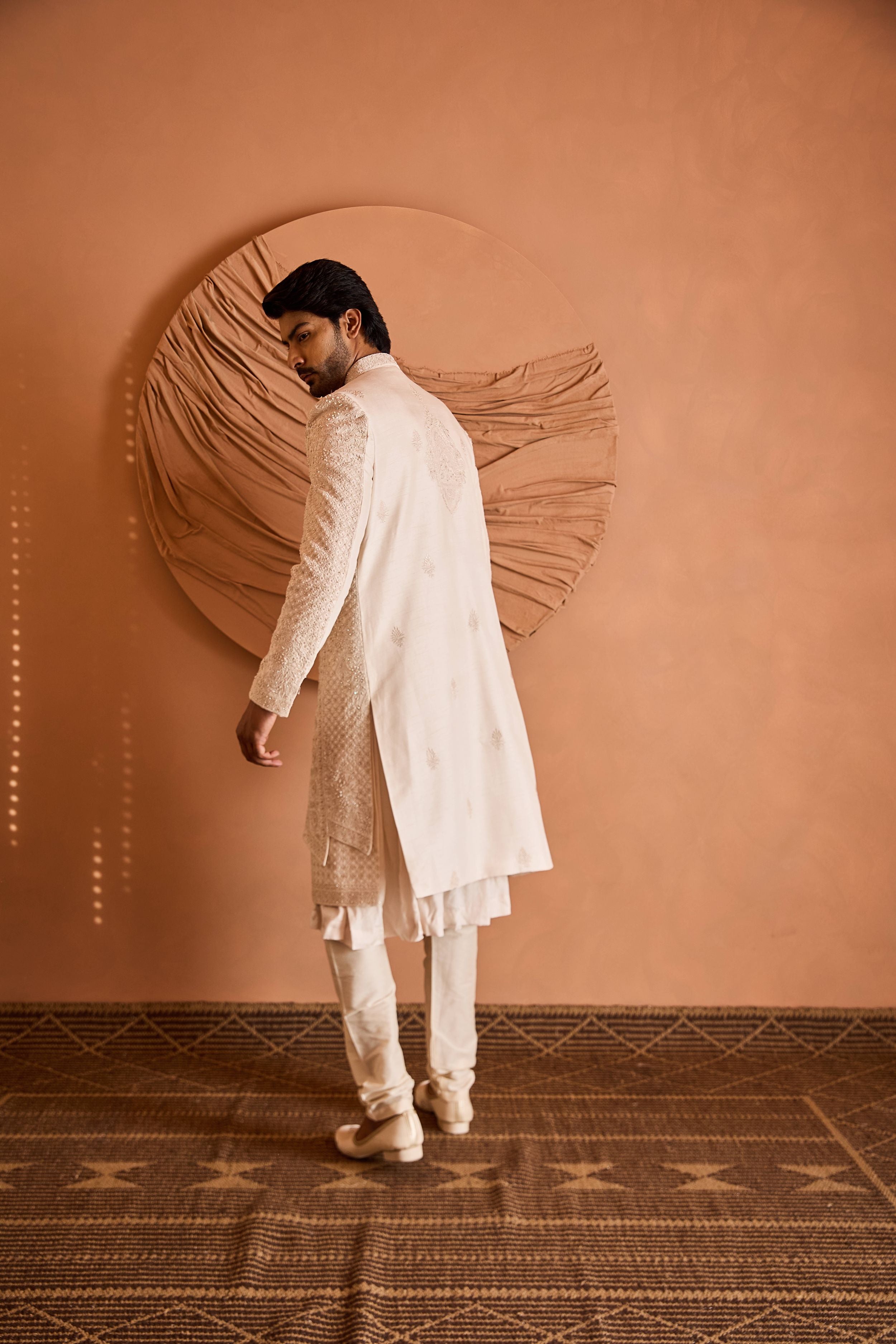 Peach Faux Layered Embroidered Sherwani