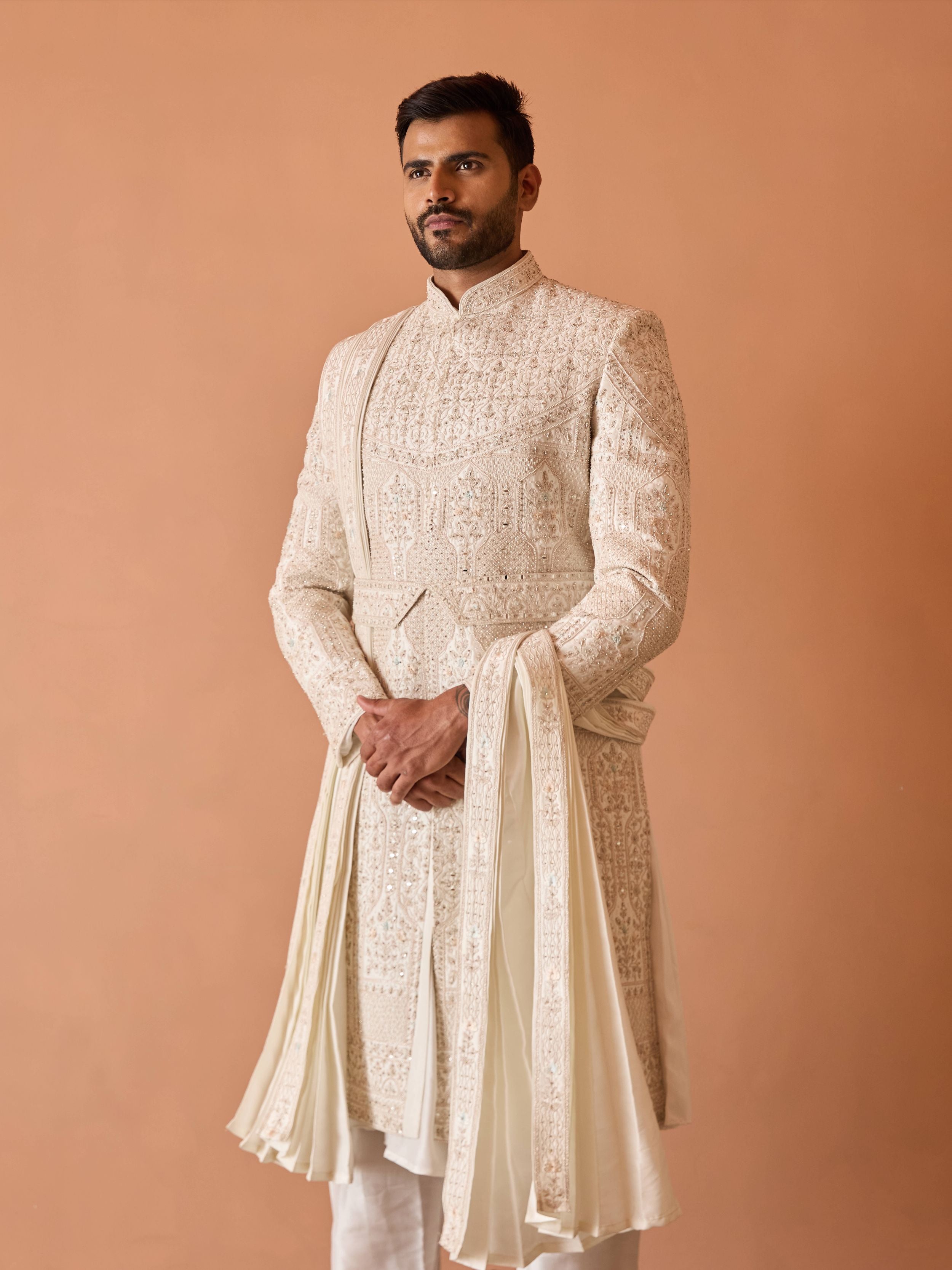 Ivory Embroidered Sherwani in Thread and Pearl work