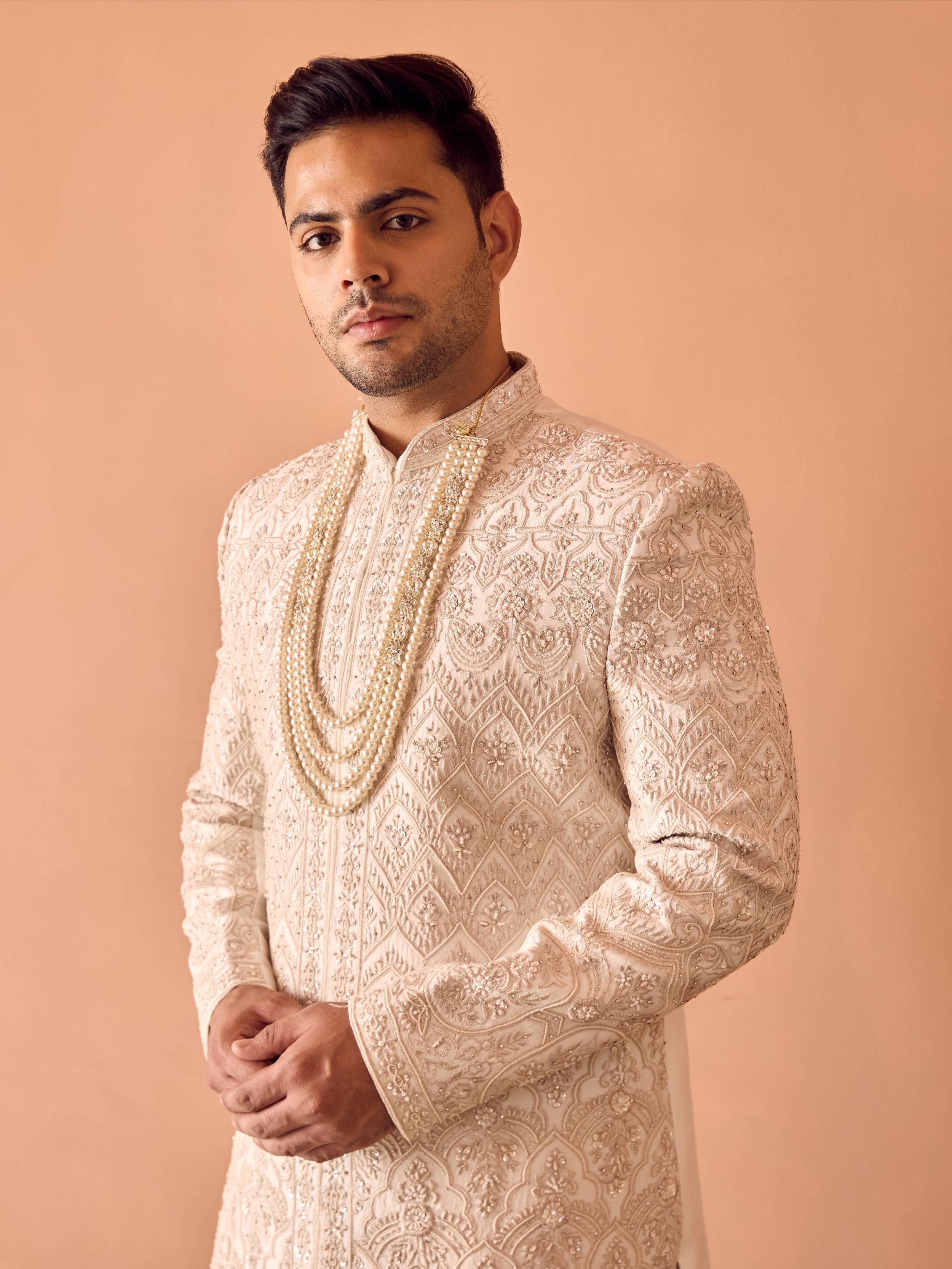 Ivory Pearl Hand Embroidered Sherwani