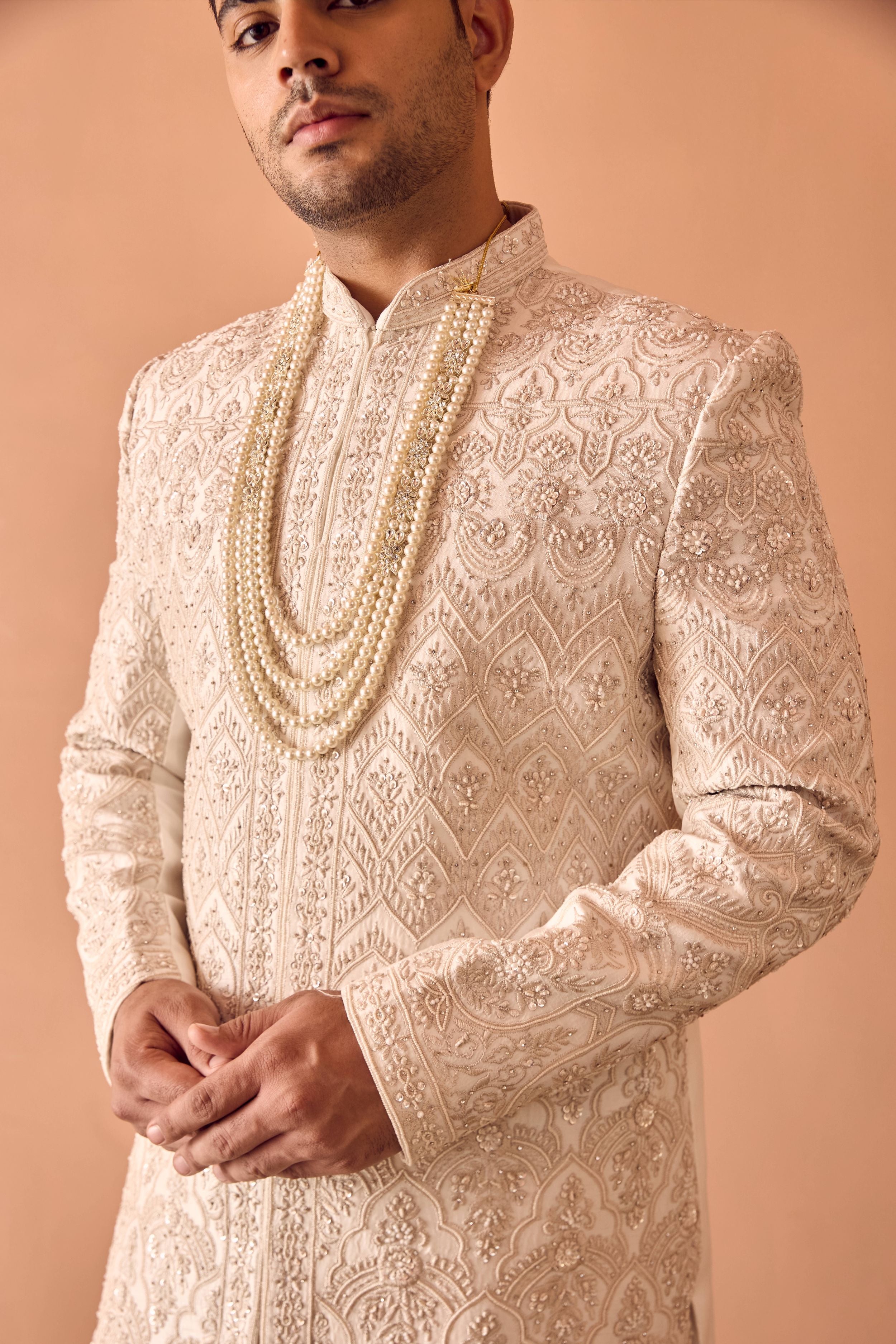 Ivory Pearl Hand Embroidered Sherwani