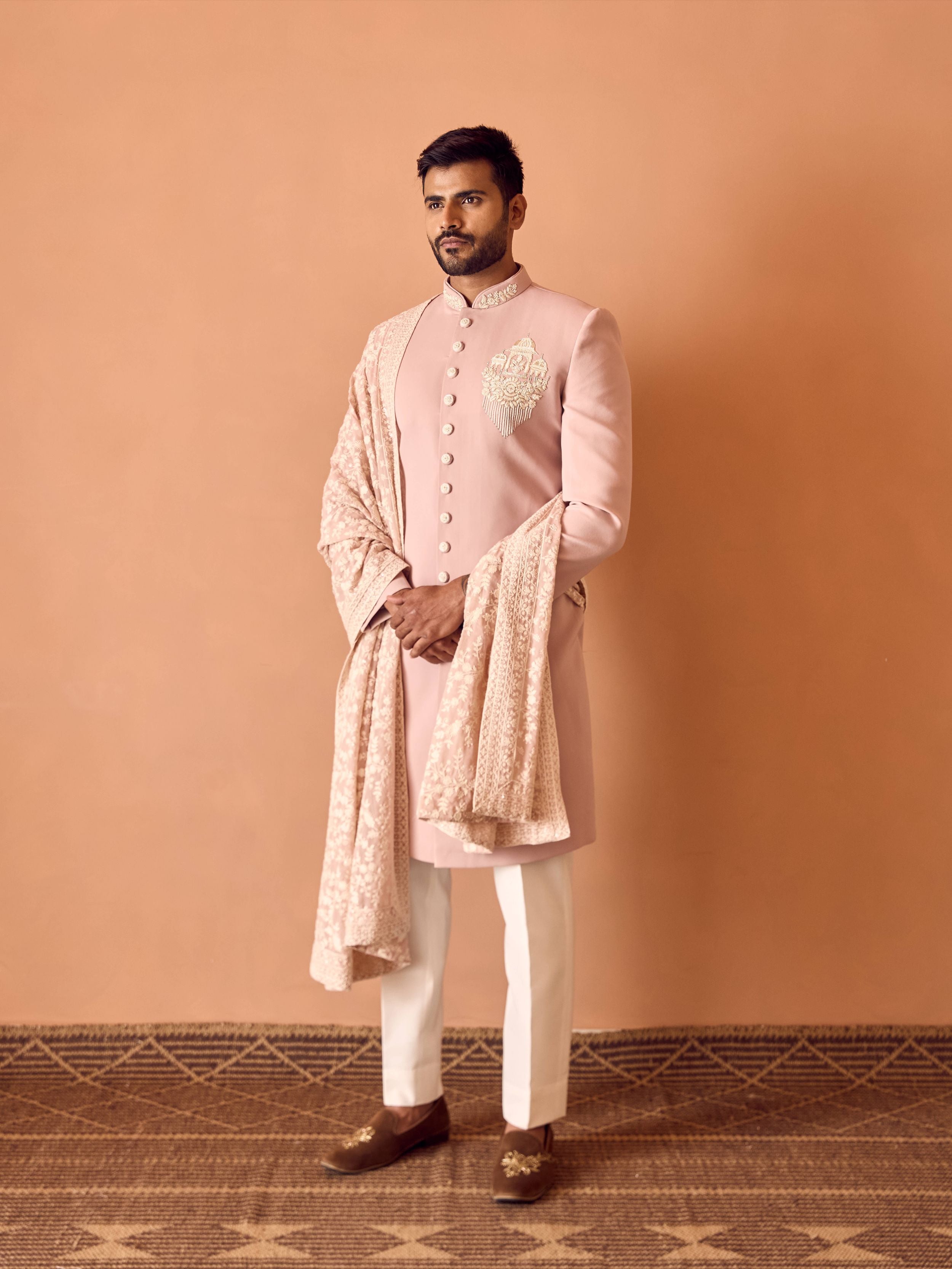 Light Pink Embroidered Indo-Western In Thread Work With Beads Highlights