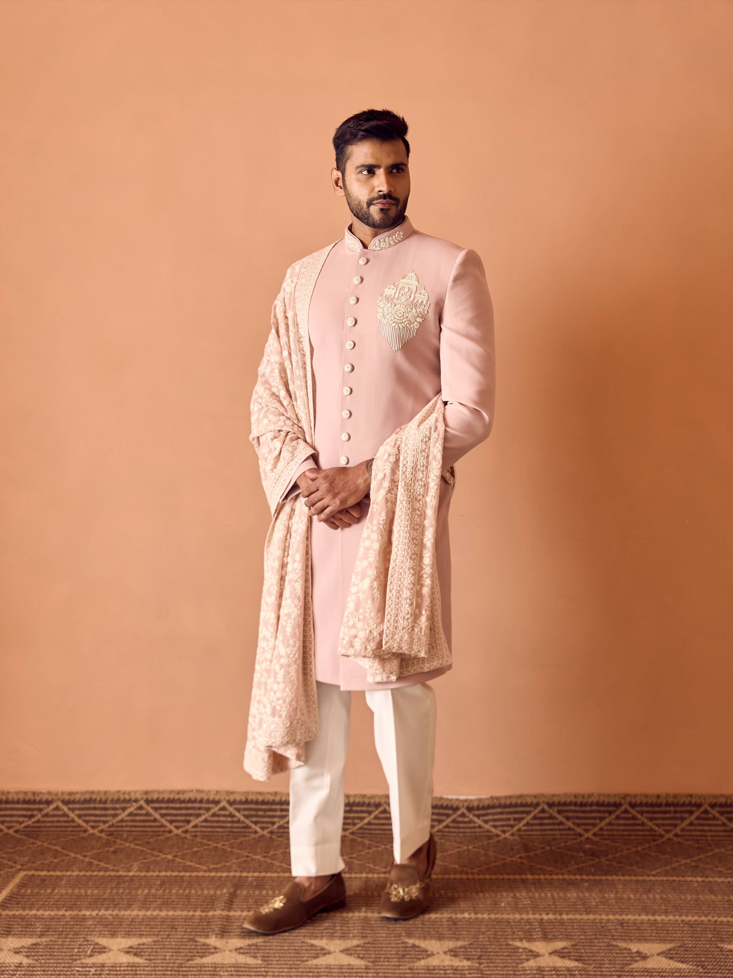 Light Pink Embroidered Indo-Western In Thread Work With Beads Highlights
