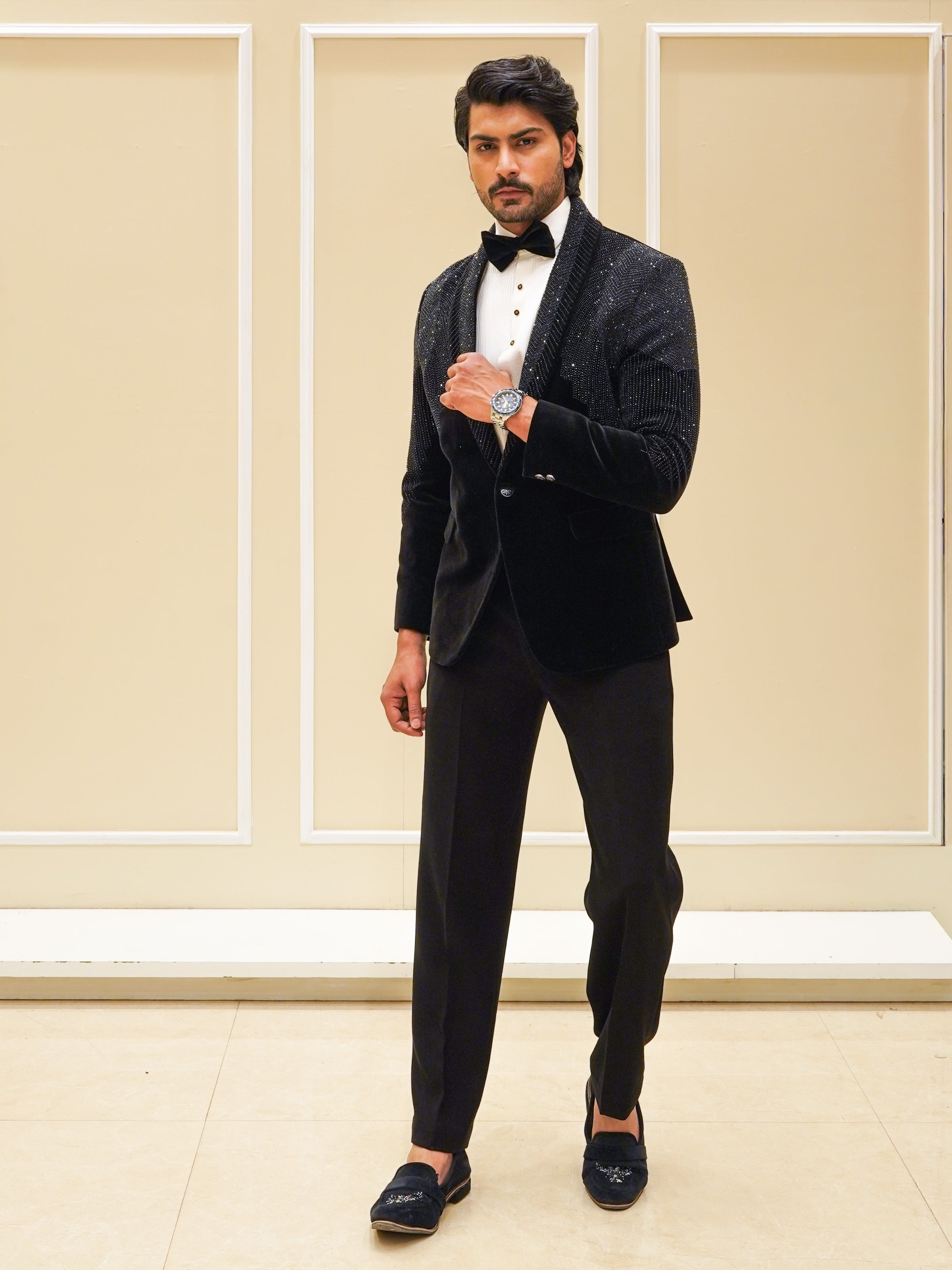 Black Moti And New Cut Embroidery Tuxedo Set