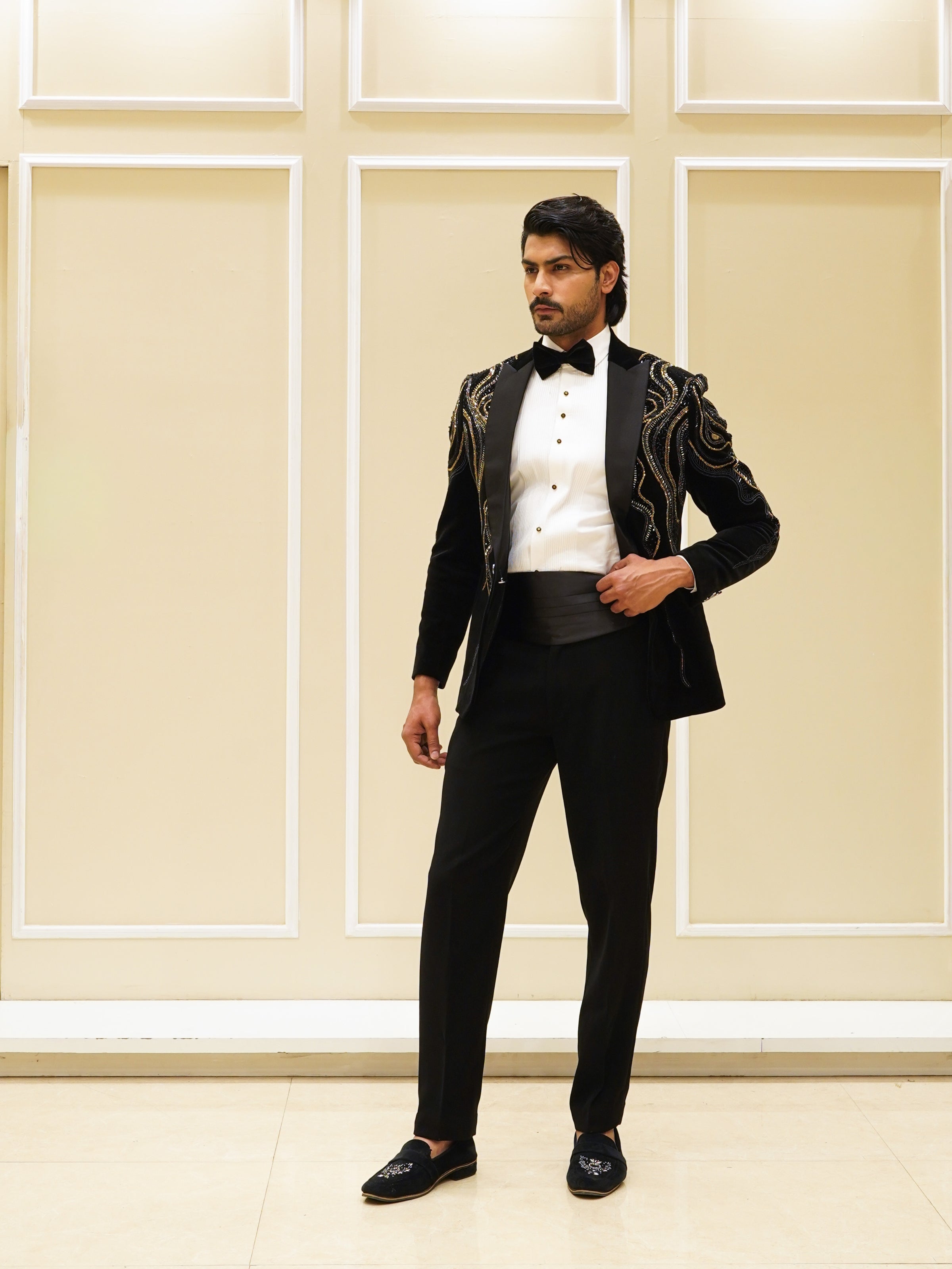 Black New Cut Embroidery Tuxedo Set