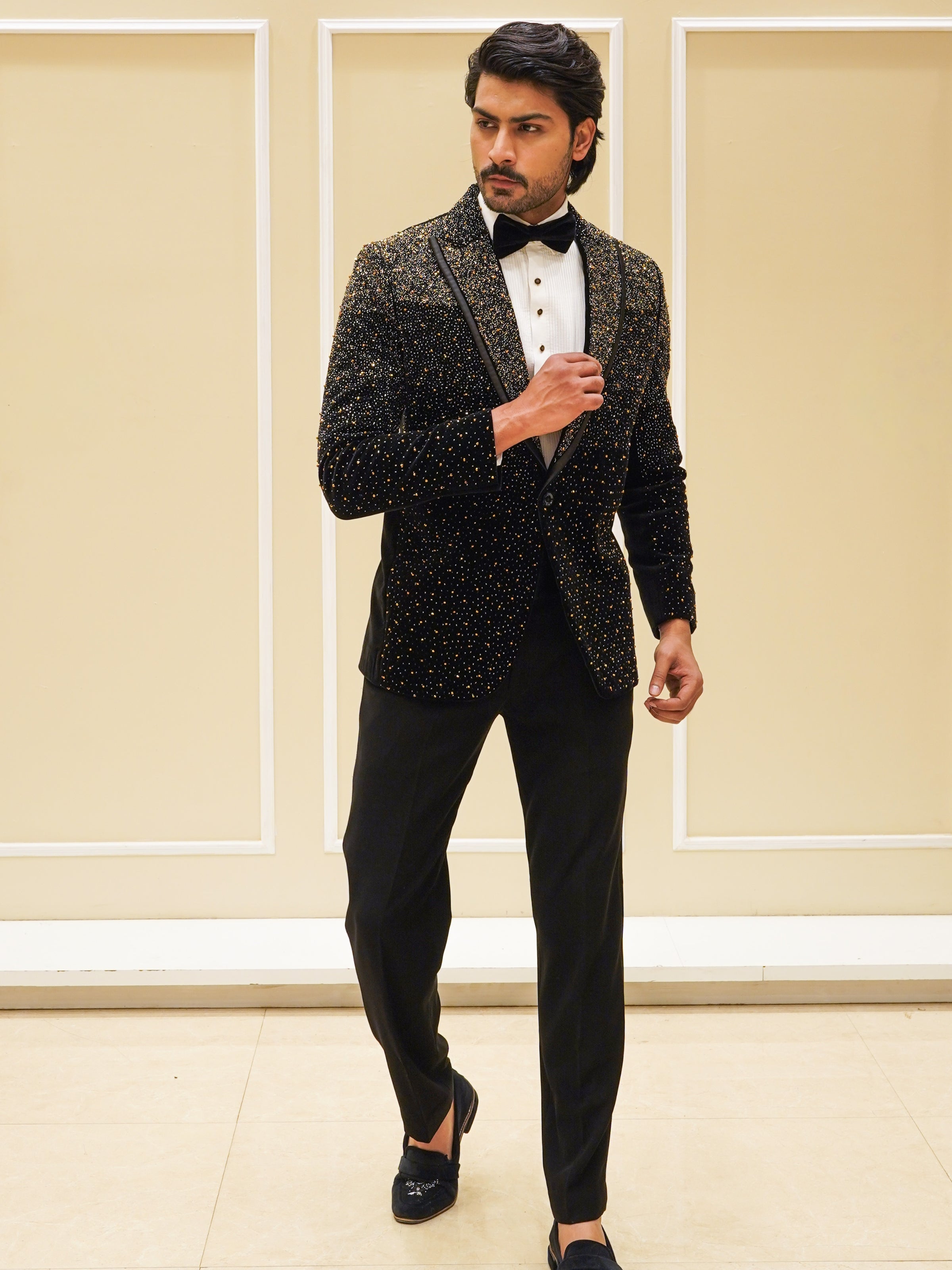 Black Golden Embroidery Tuxedo Set