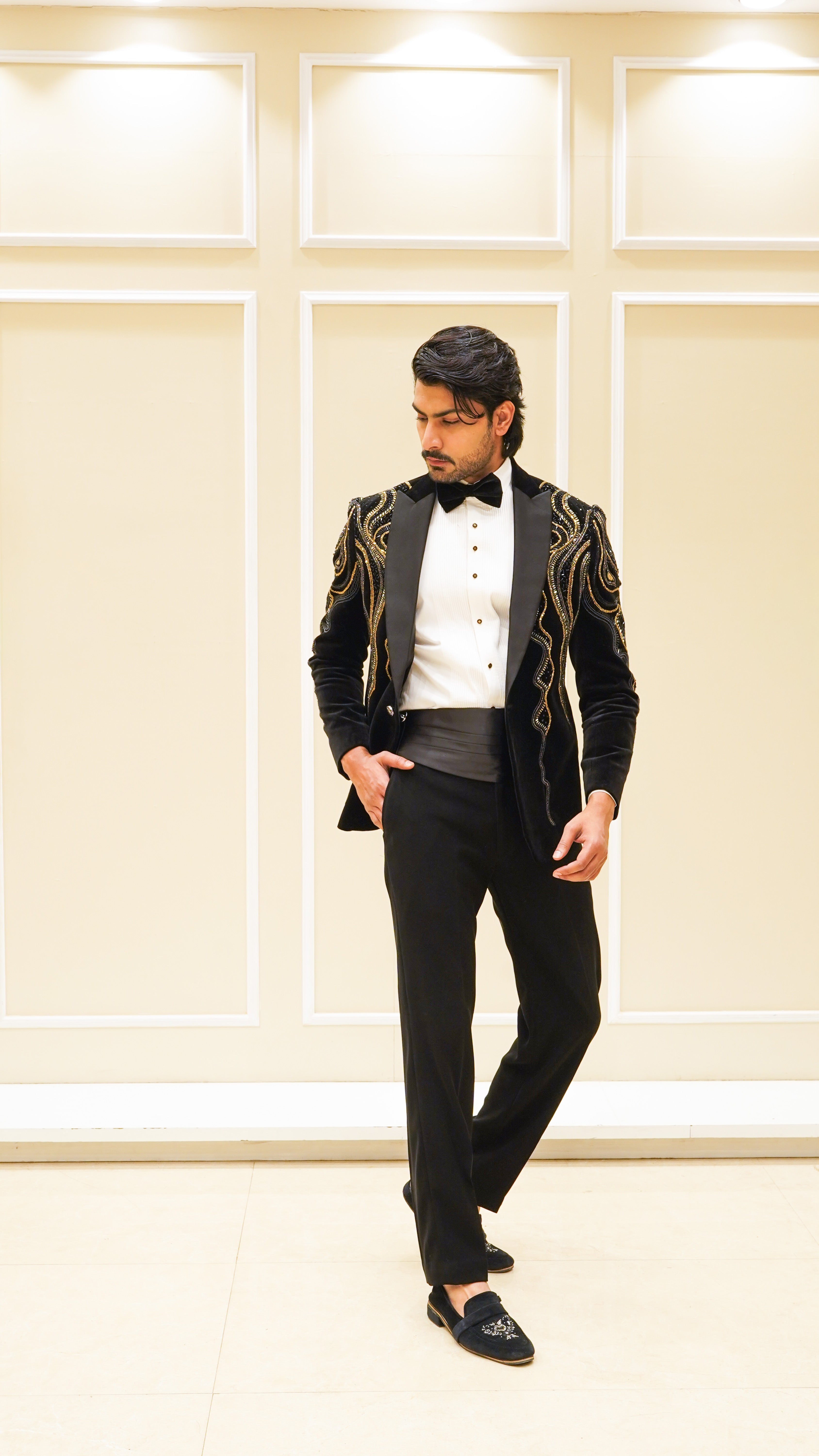 Black New Cut Embroidery Tuxedo Set