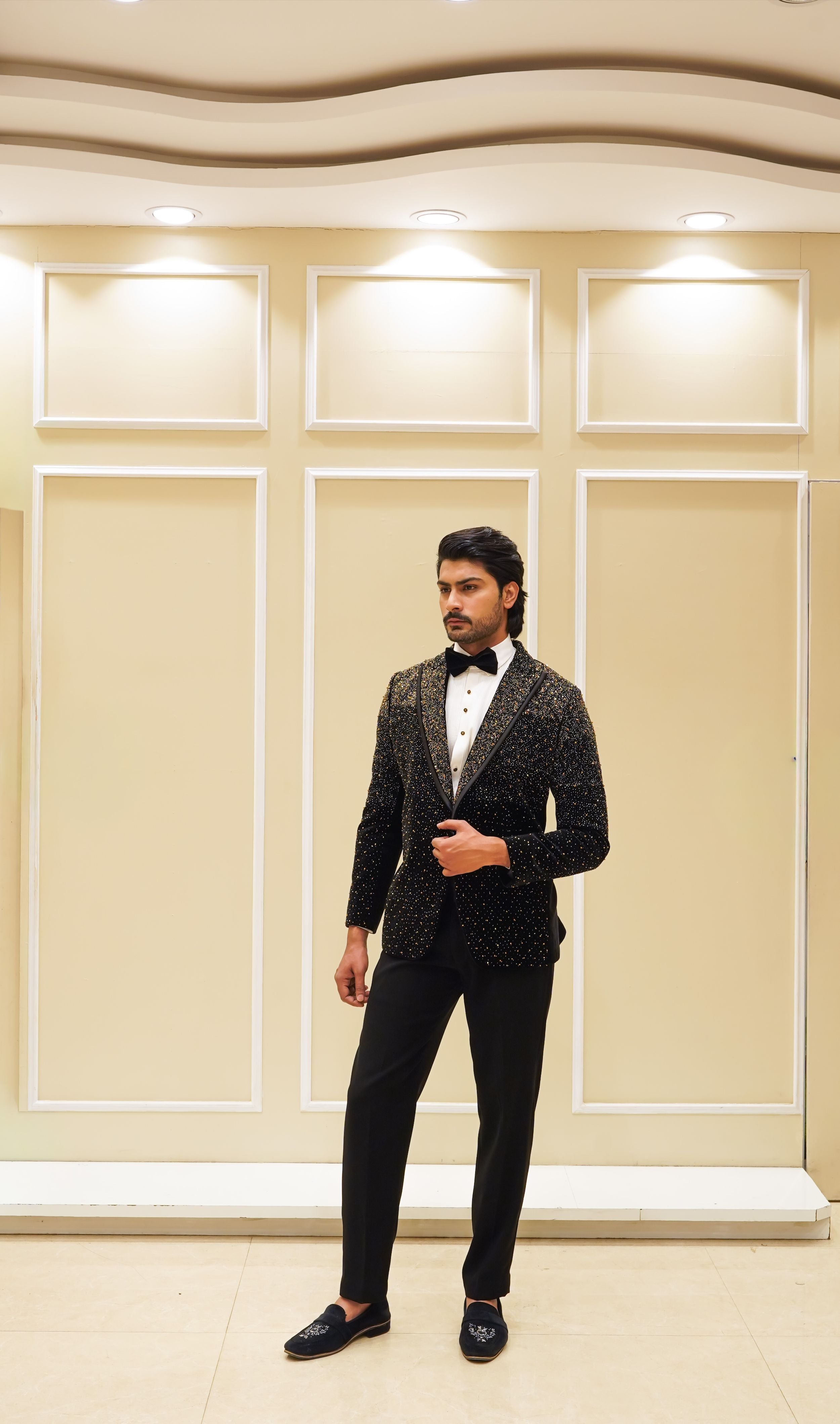 Black Golden Embroidery Tuxedo Set