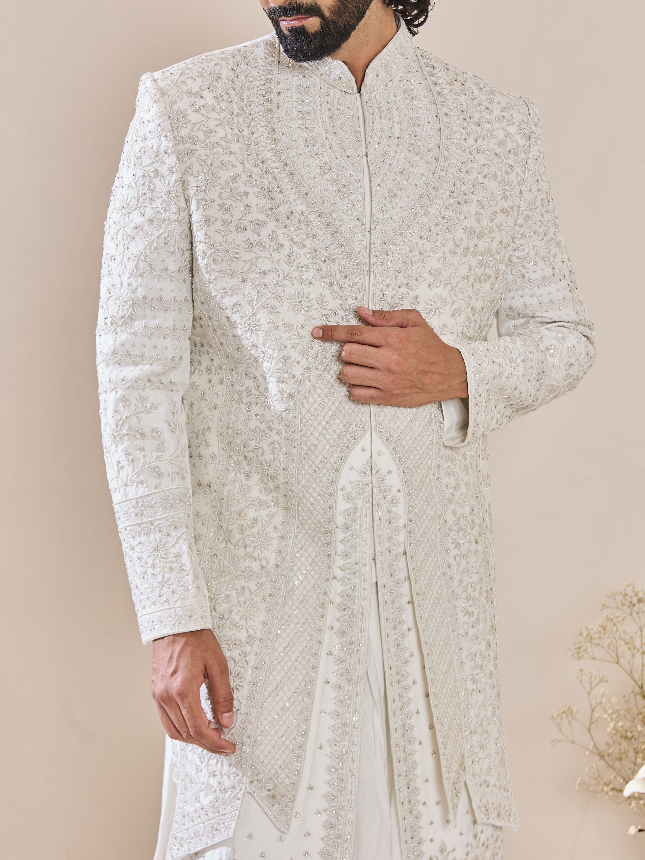 Ivory Resham Embroidered Sherwani