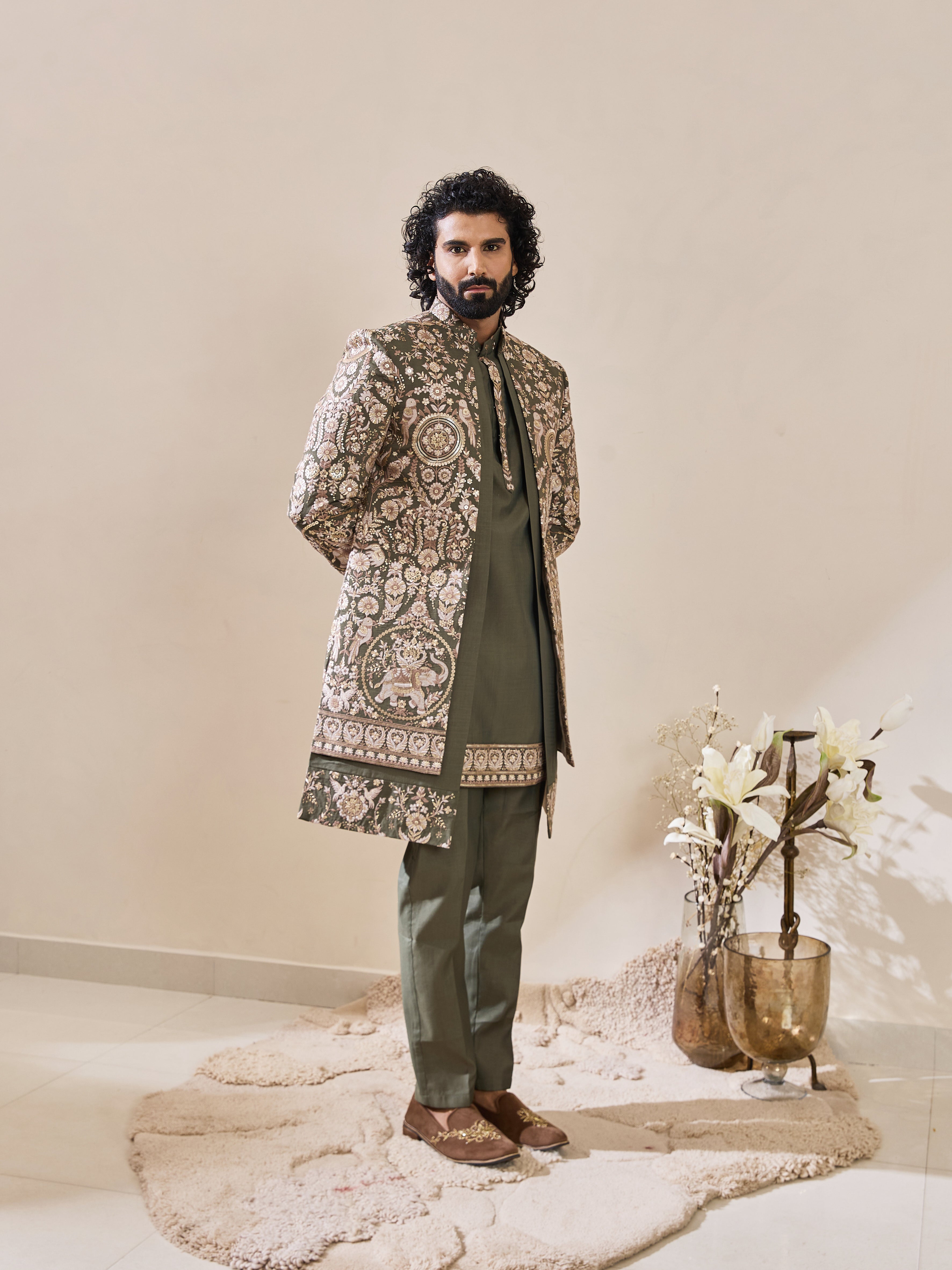 Green Embroidered  Indo-Western With Hand Highlights