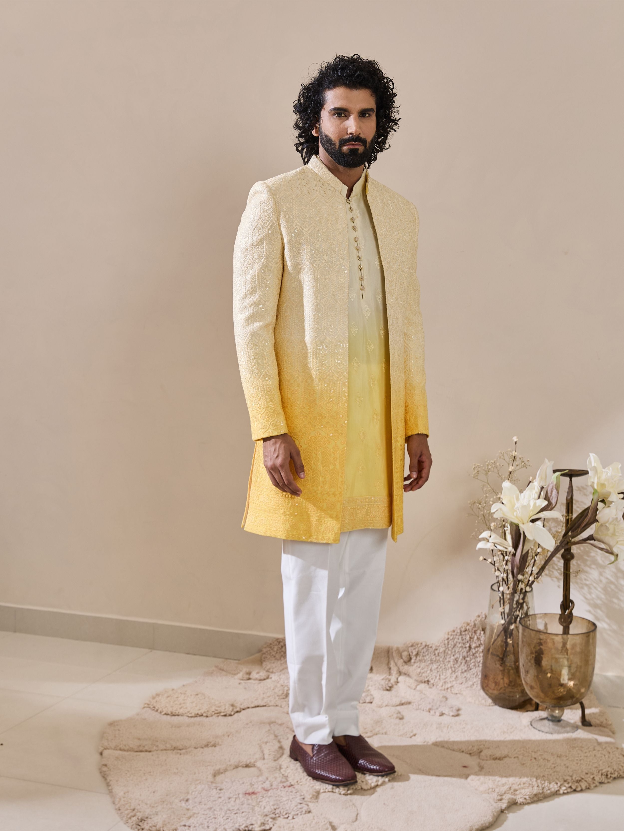 faded White & yellow Chikankari embroidered  Indo-Western