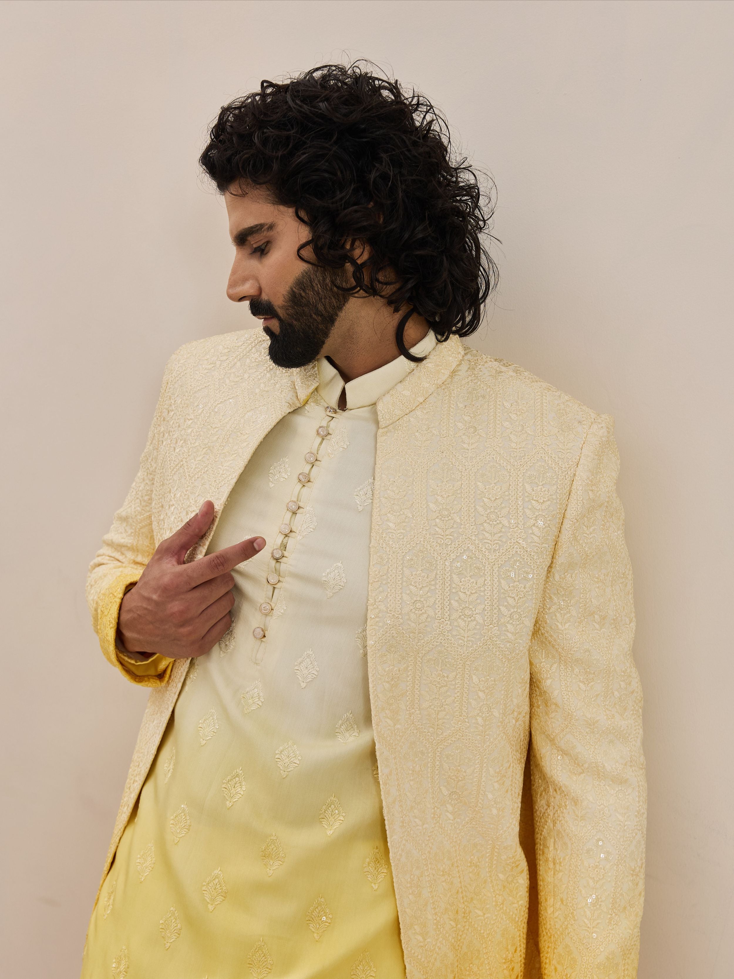 faded White & yellow Chikankari embroidered  Indo-Western