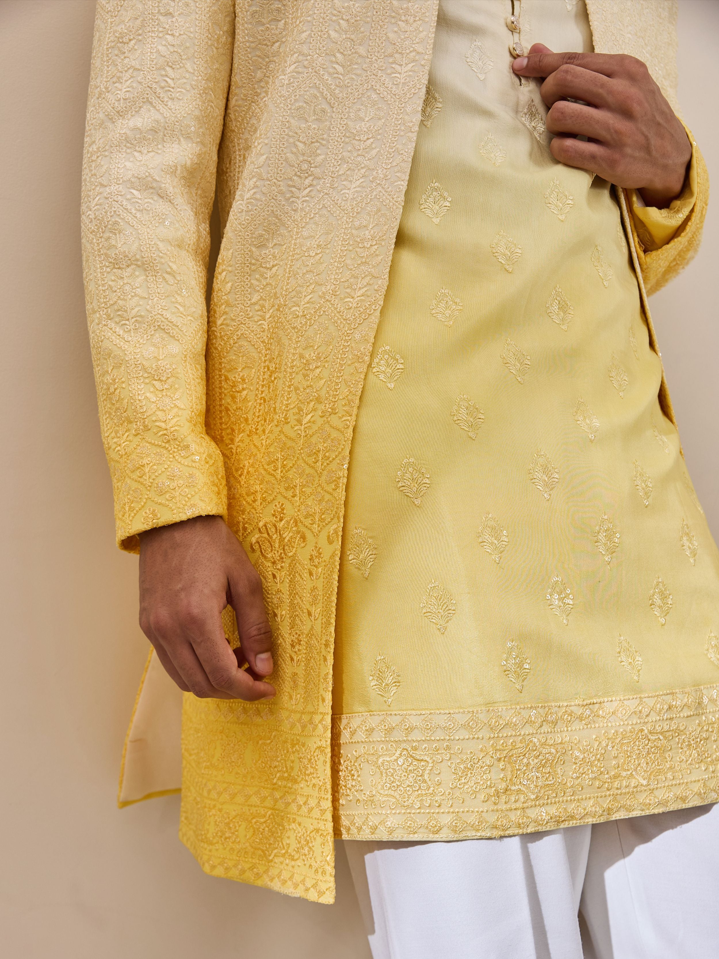 faded White & yellow Chikankari embroidered  Indo-Western