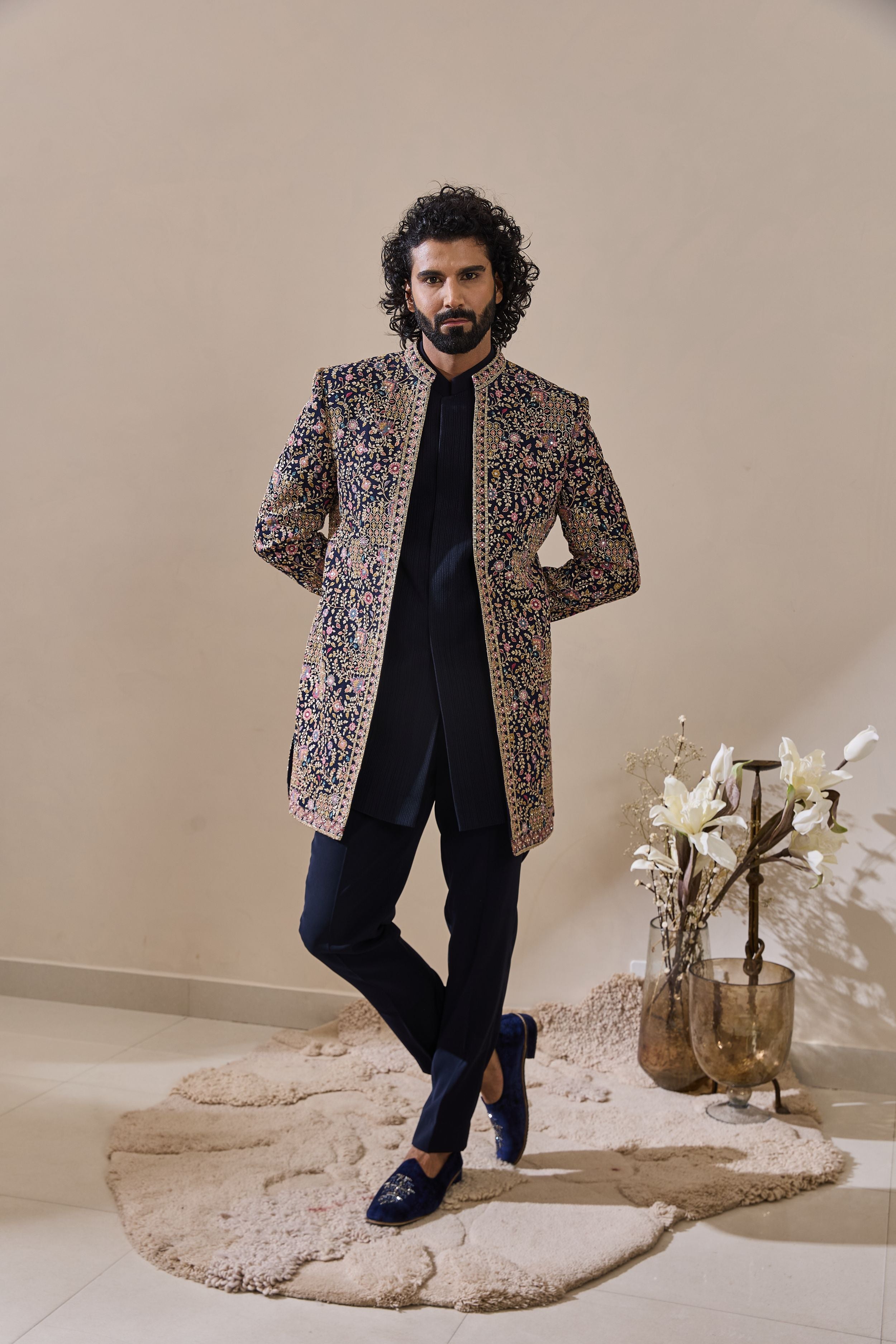 Blue Indo-Western Highlighted With stone and beads Work