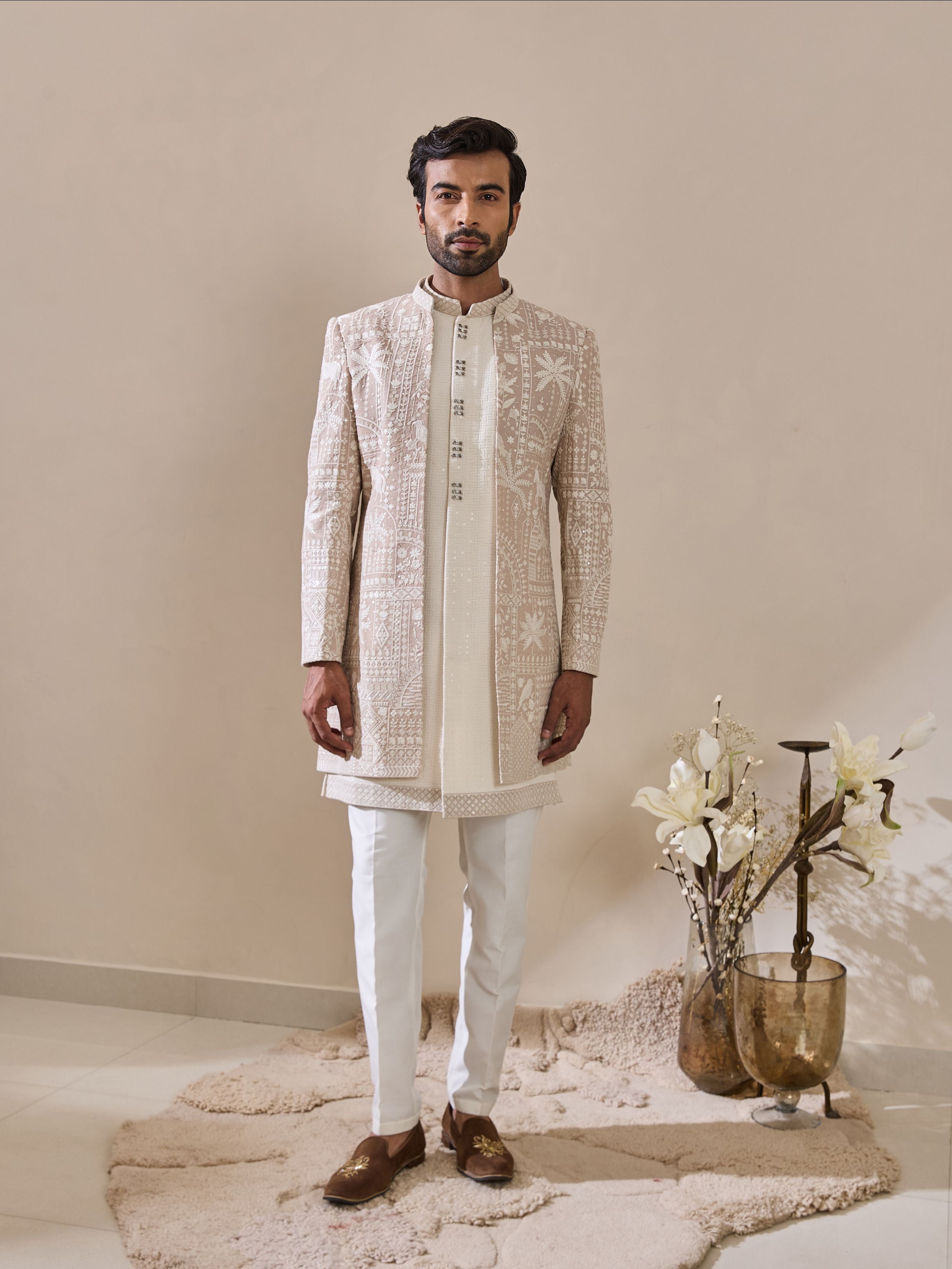 Fawn White Thread Work Embroidered  Indo-Western