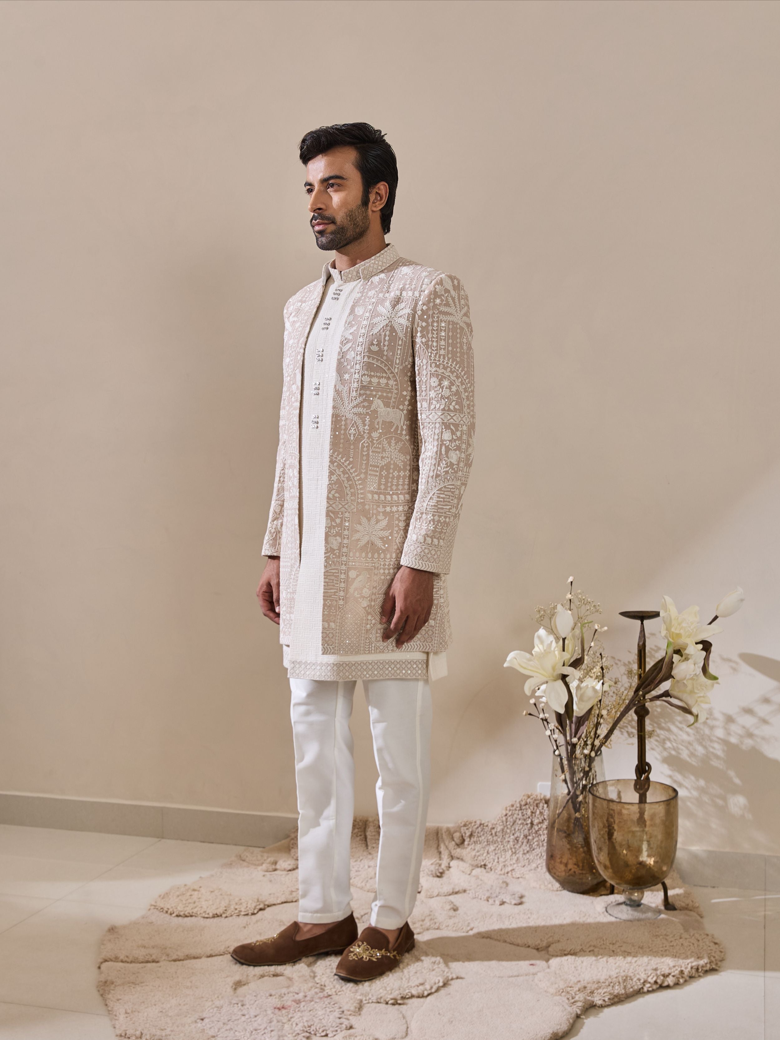 Fawn White Thread Work Embroidered  Indo-Western
