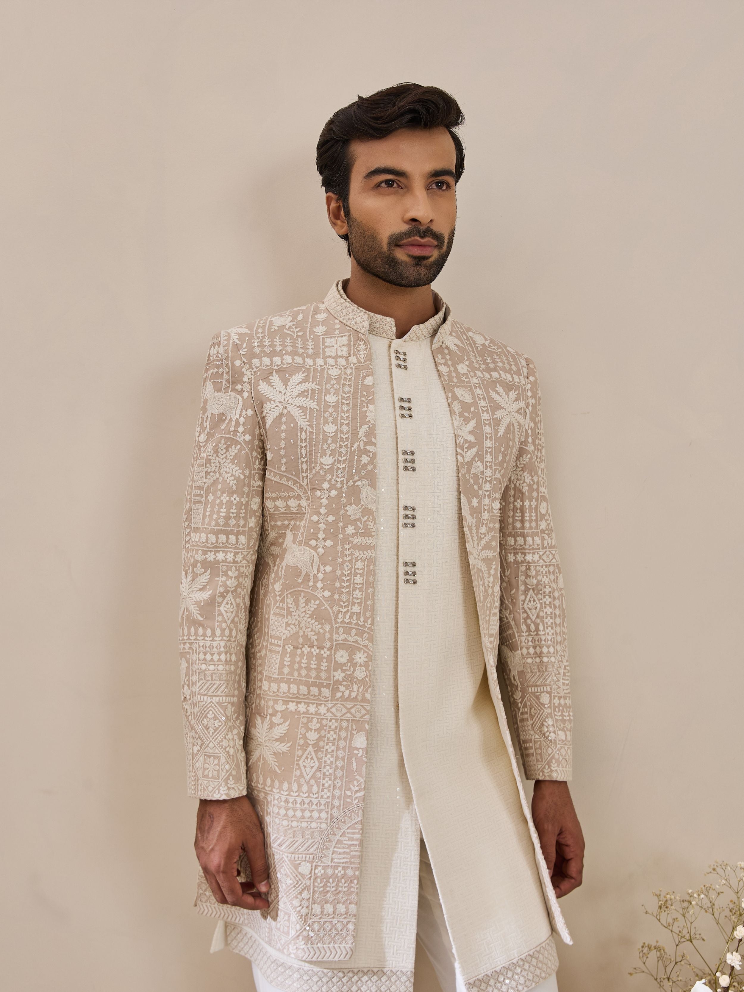 Fawn White Thread Work Embroidered  Indo-Western