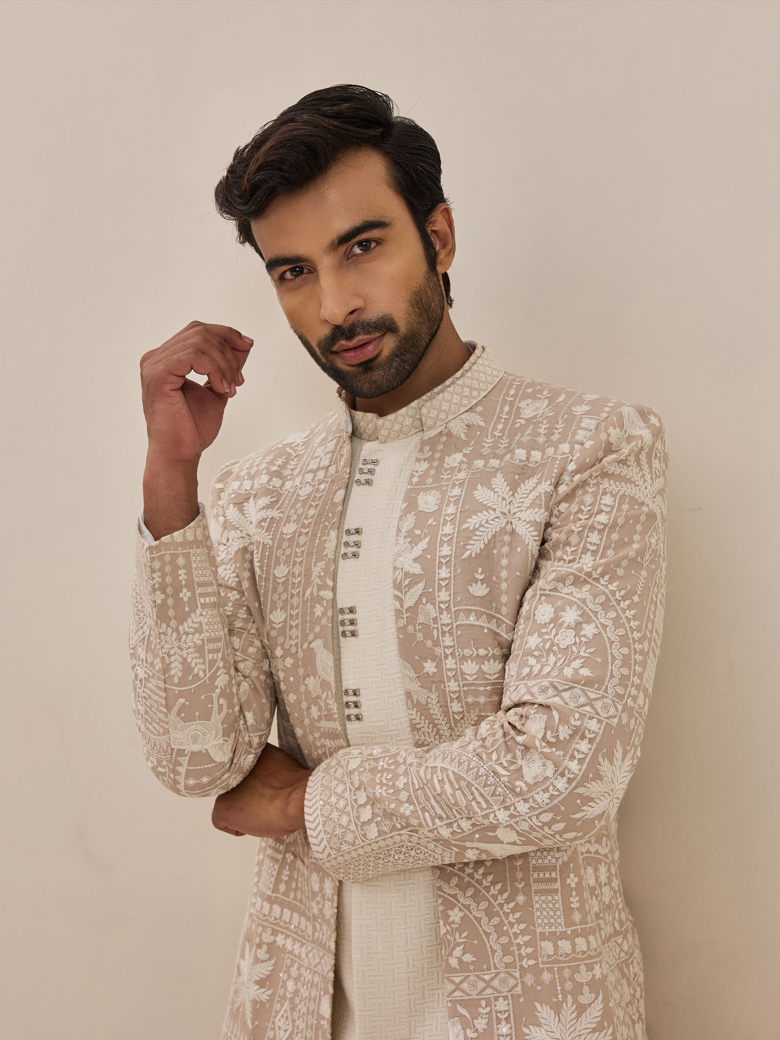 Fawn White Thread Work Embroidered  Indo-Western