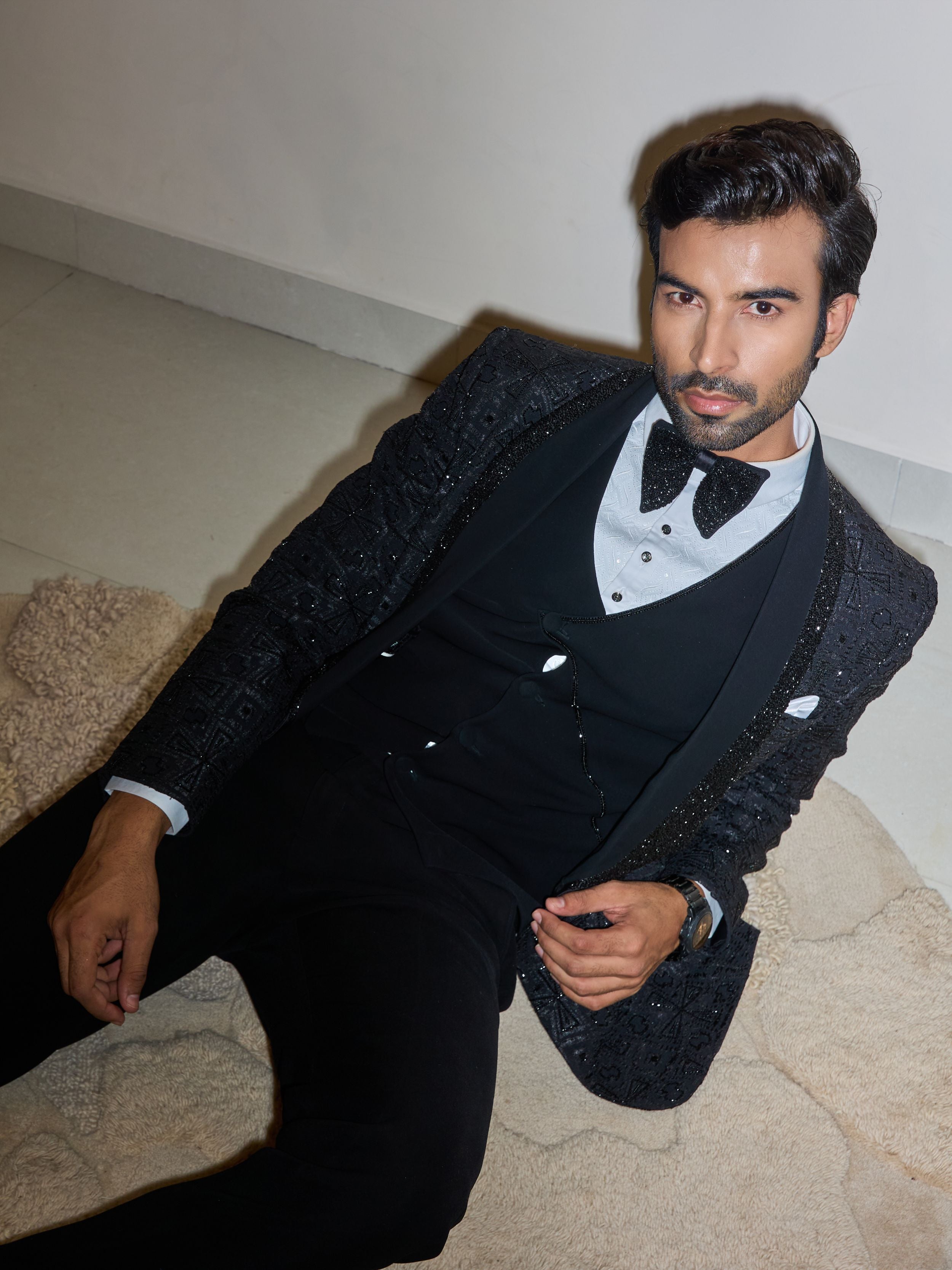 Black Cutdana And Thread Embroidery Tuxedo Set