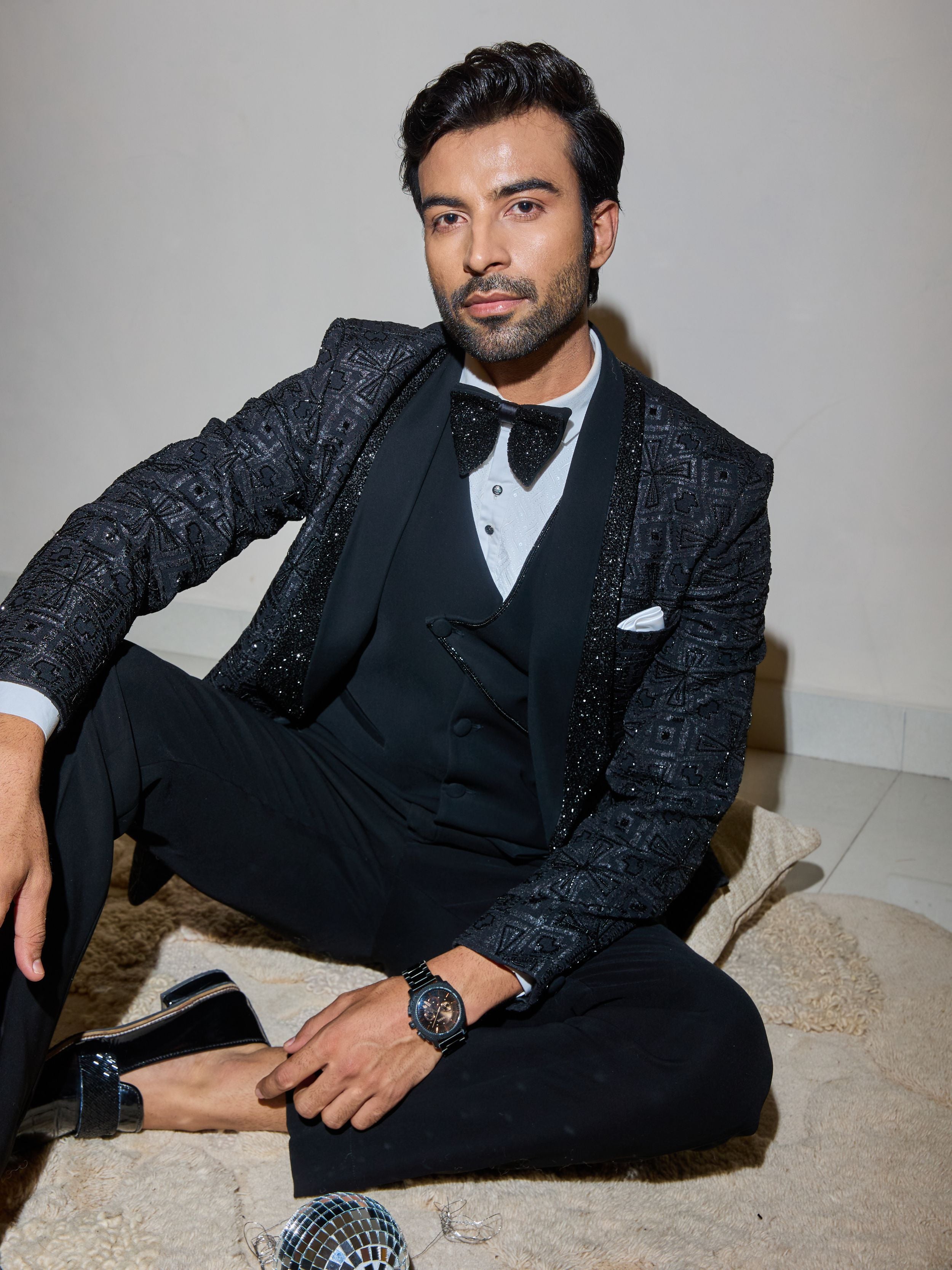 Black Cutdana And Thread Embroidery Tuxedo Set