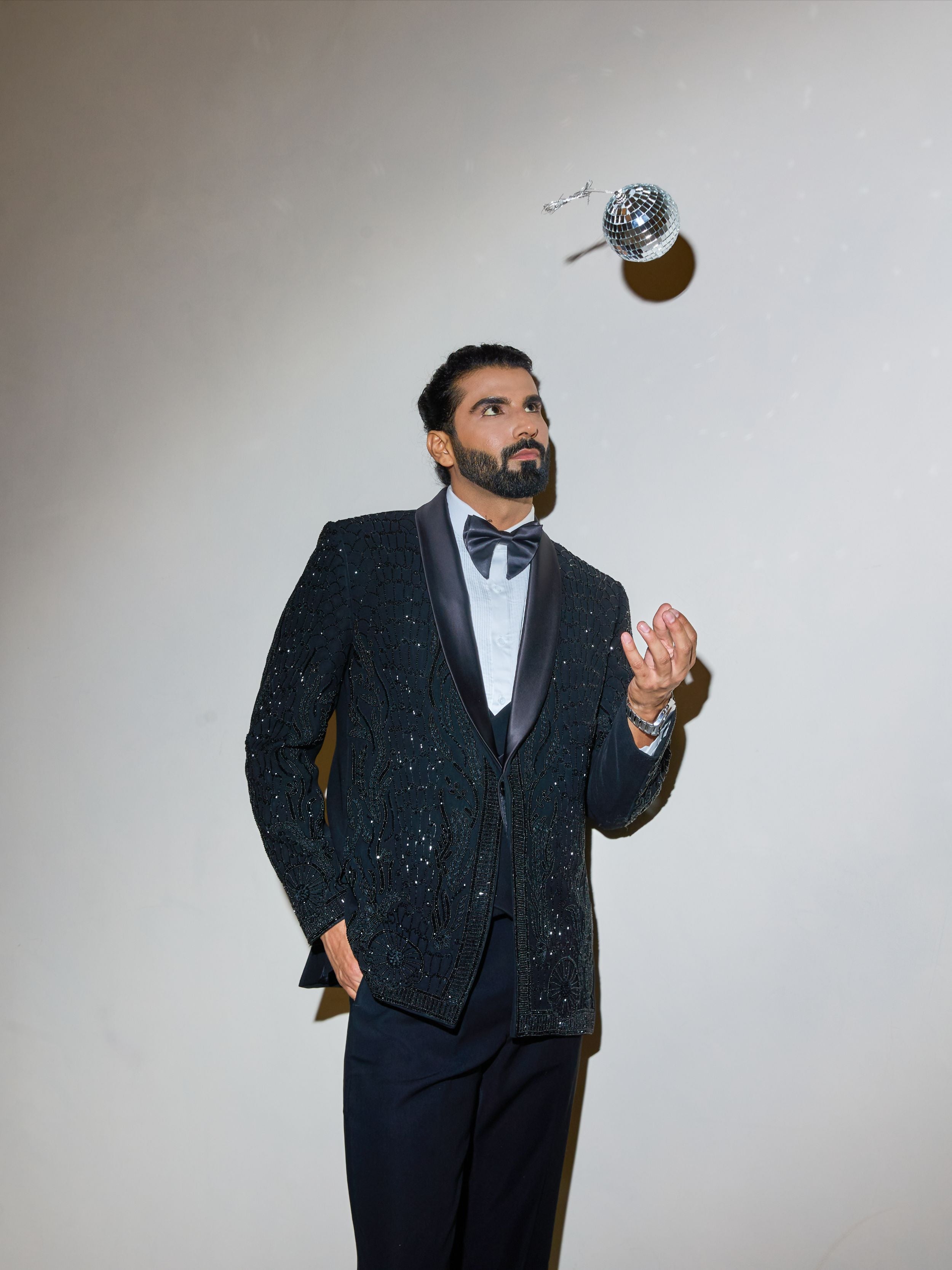 Black Cutdana And Beads Embroidery Tuxedo Set