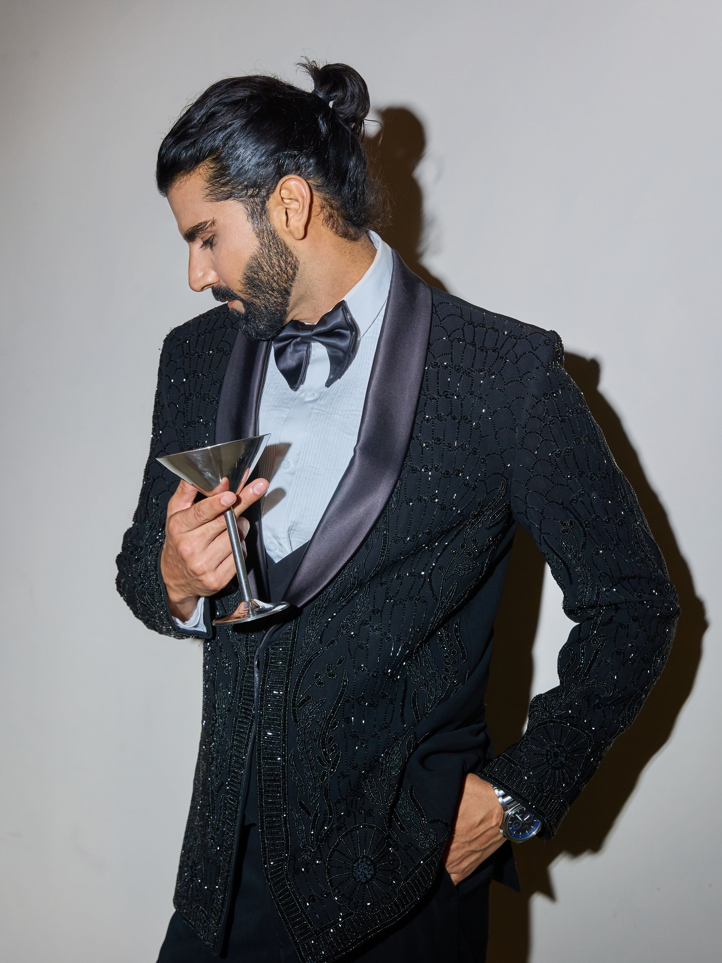 Black Cutdana And Beads Embroidery Tuxedo Set